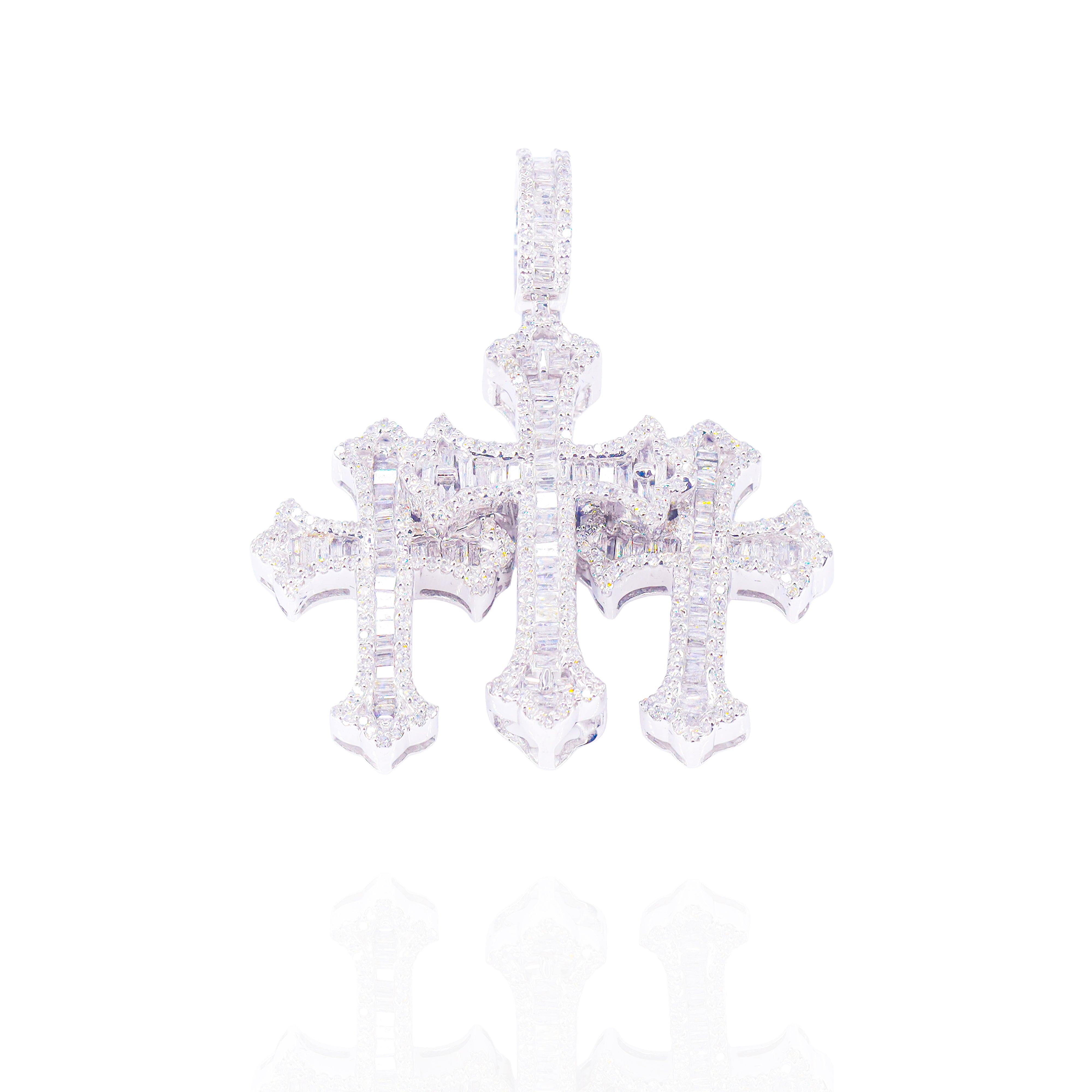 Triple Staggered Chrome Hearts Baguette Diamond Cross Pendant