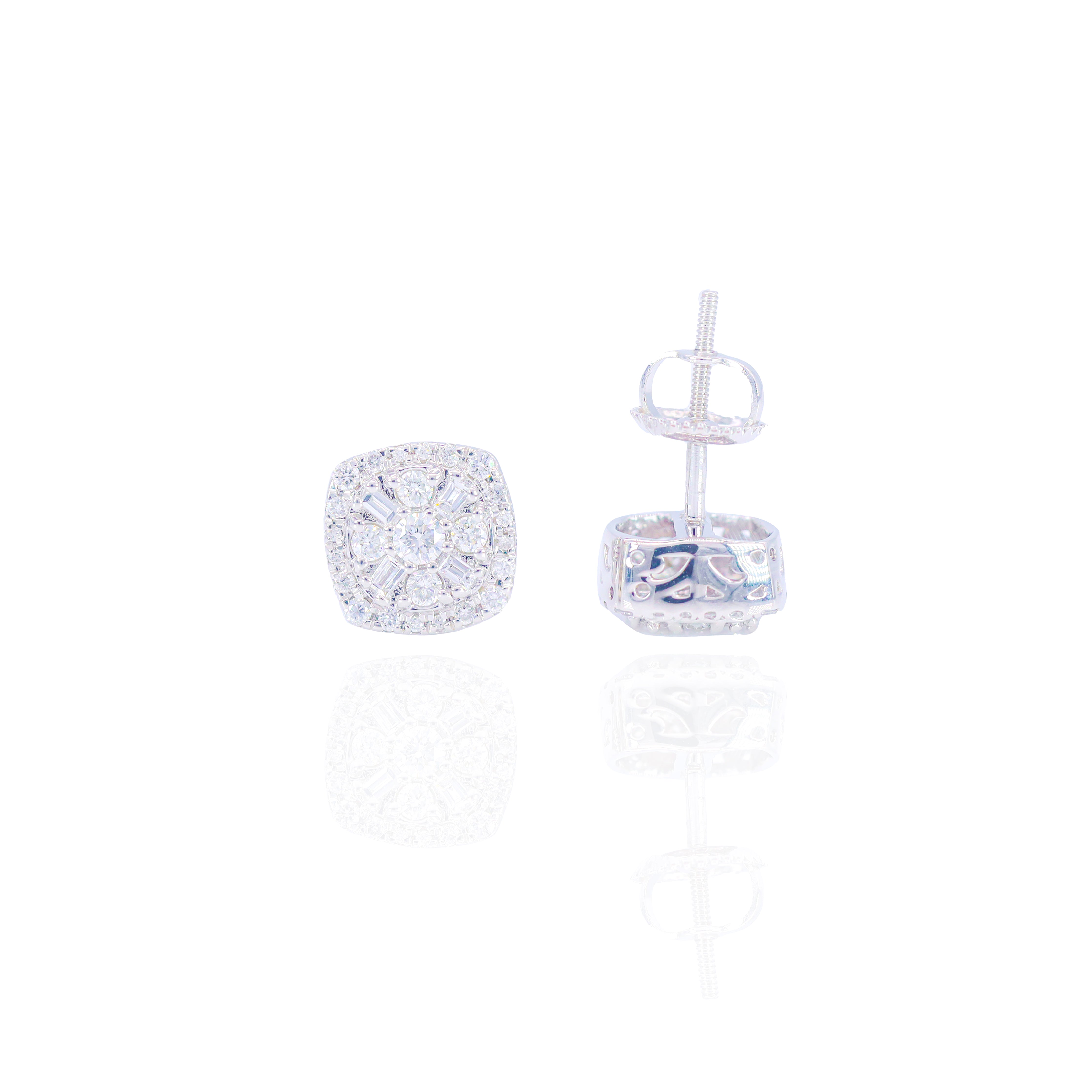Alternating Round & Baguette Diamond Square Earrings