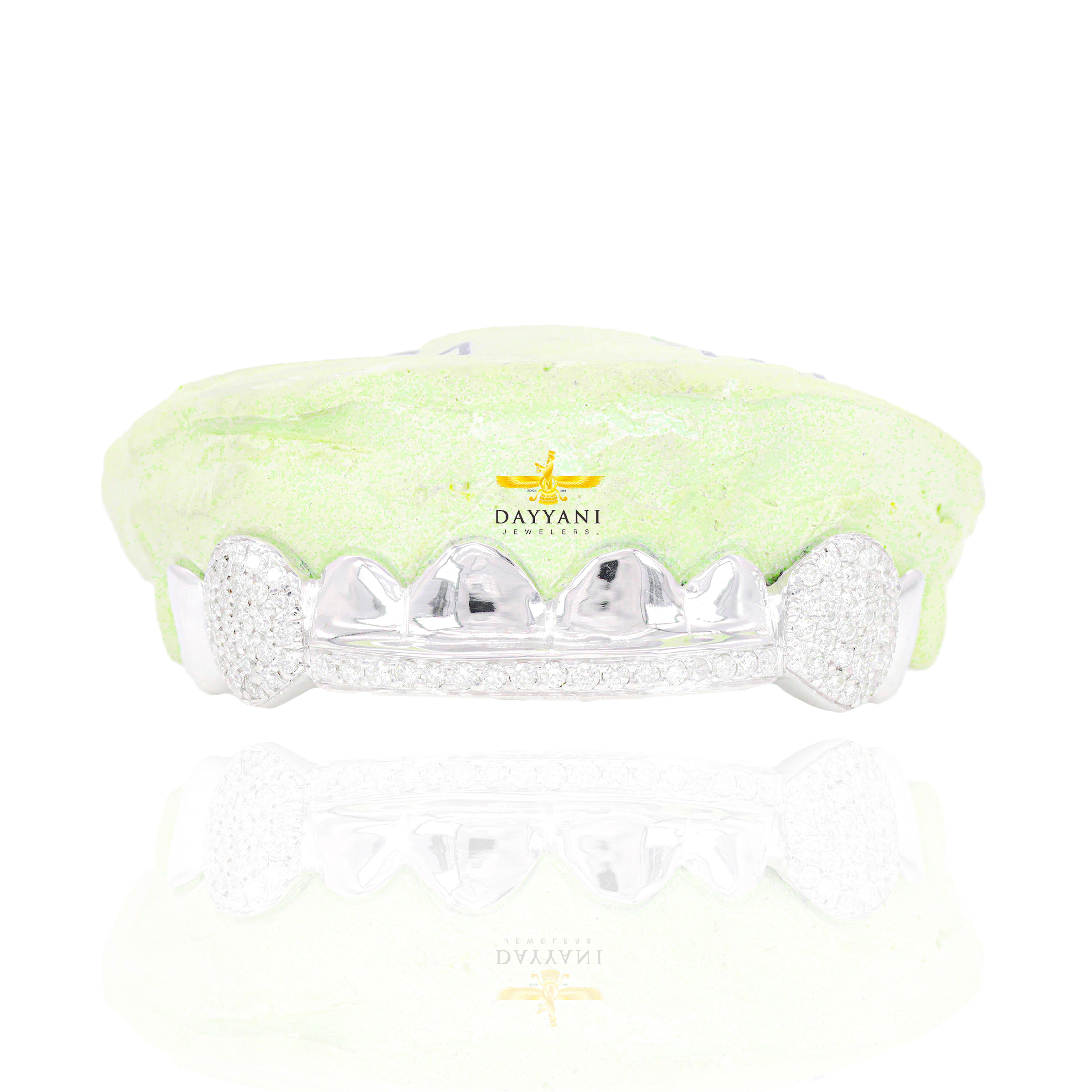 Custom 8 Teeth Grillz with Diamond on Fangs and Diamond Bar Gold Grillz