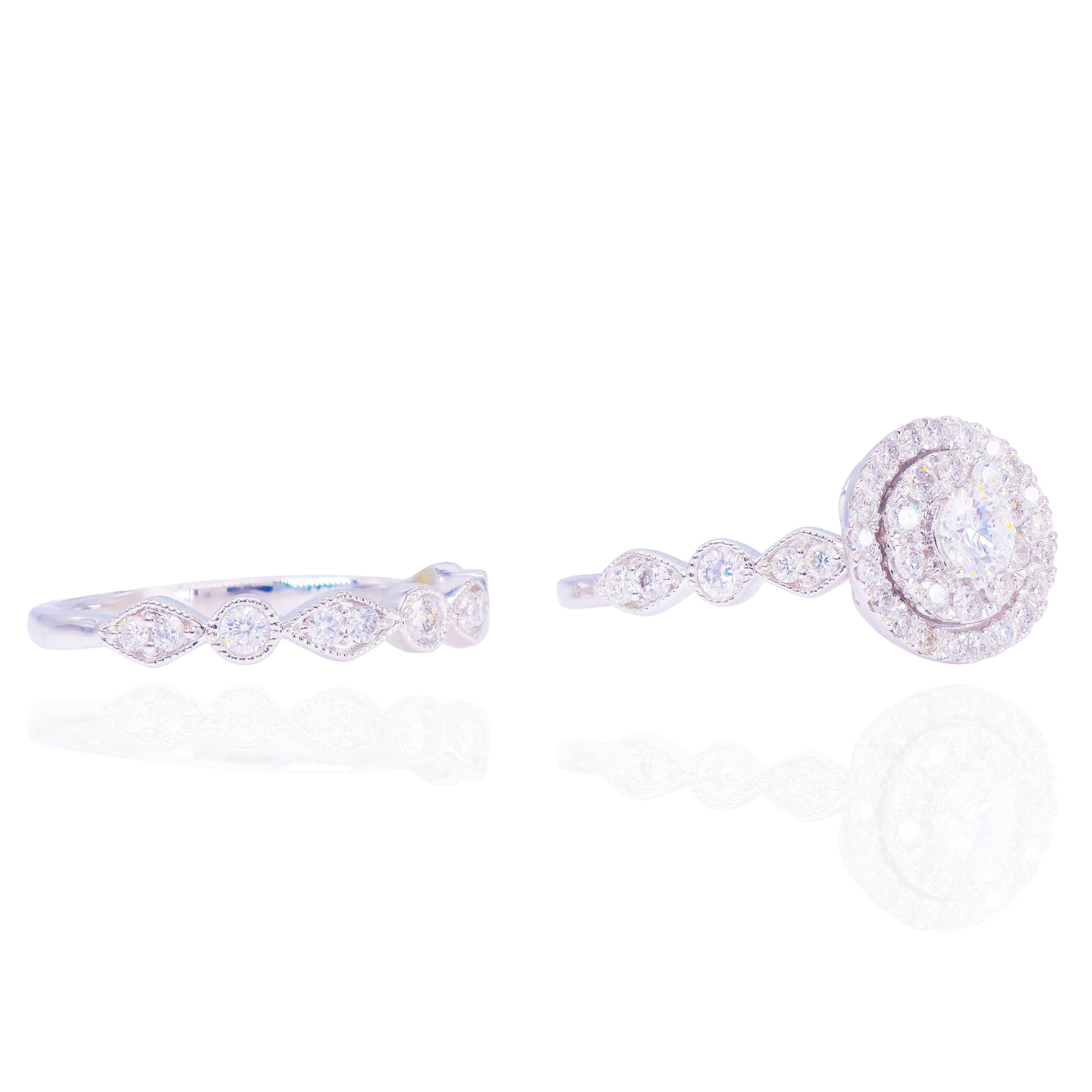 Multi-Shaped Bezeled Band Diamond Engagement Ring Duo