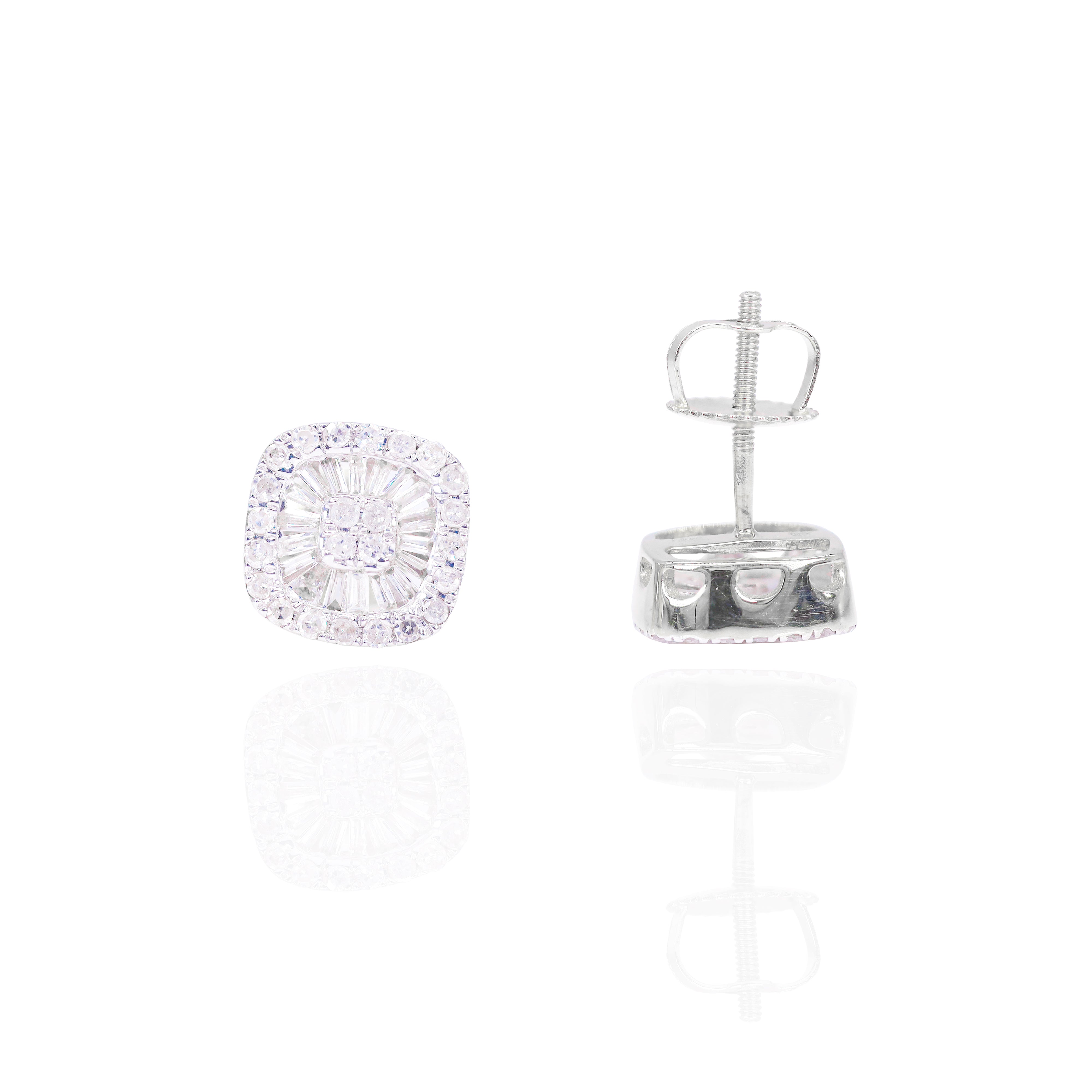 Square Baguette Cluster Earrings w/ Round Diamond Border