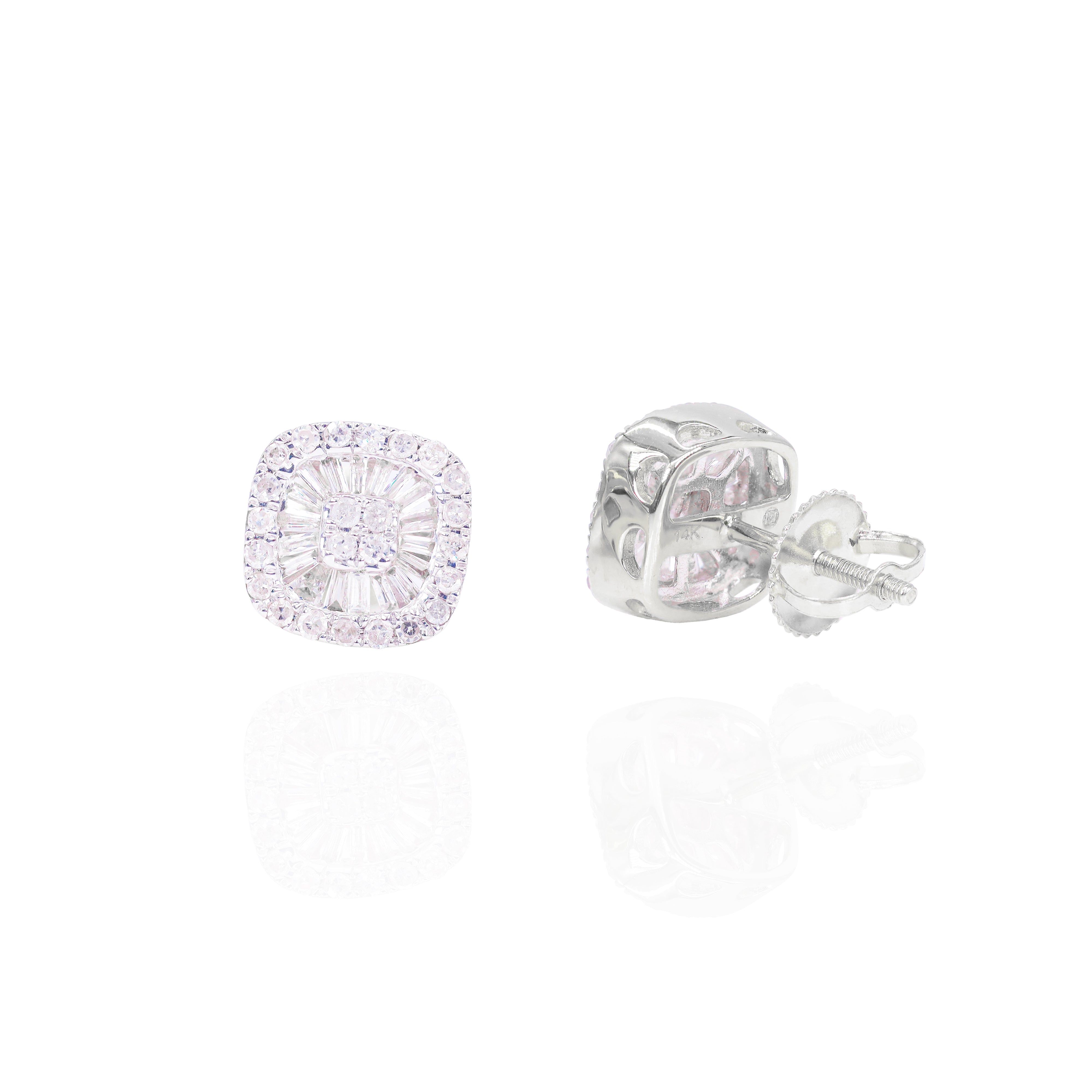 Square Baguette Cluster Earrings w/ Round Diamond Border