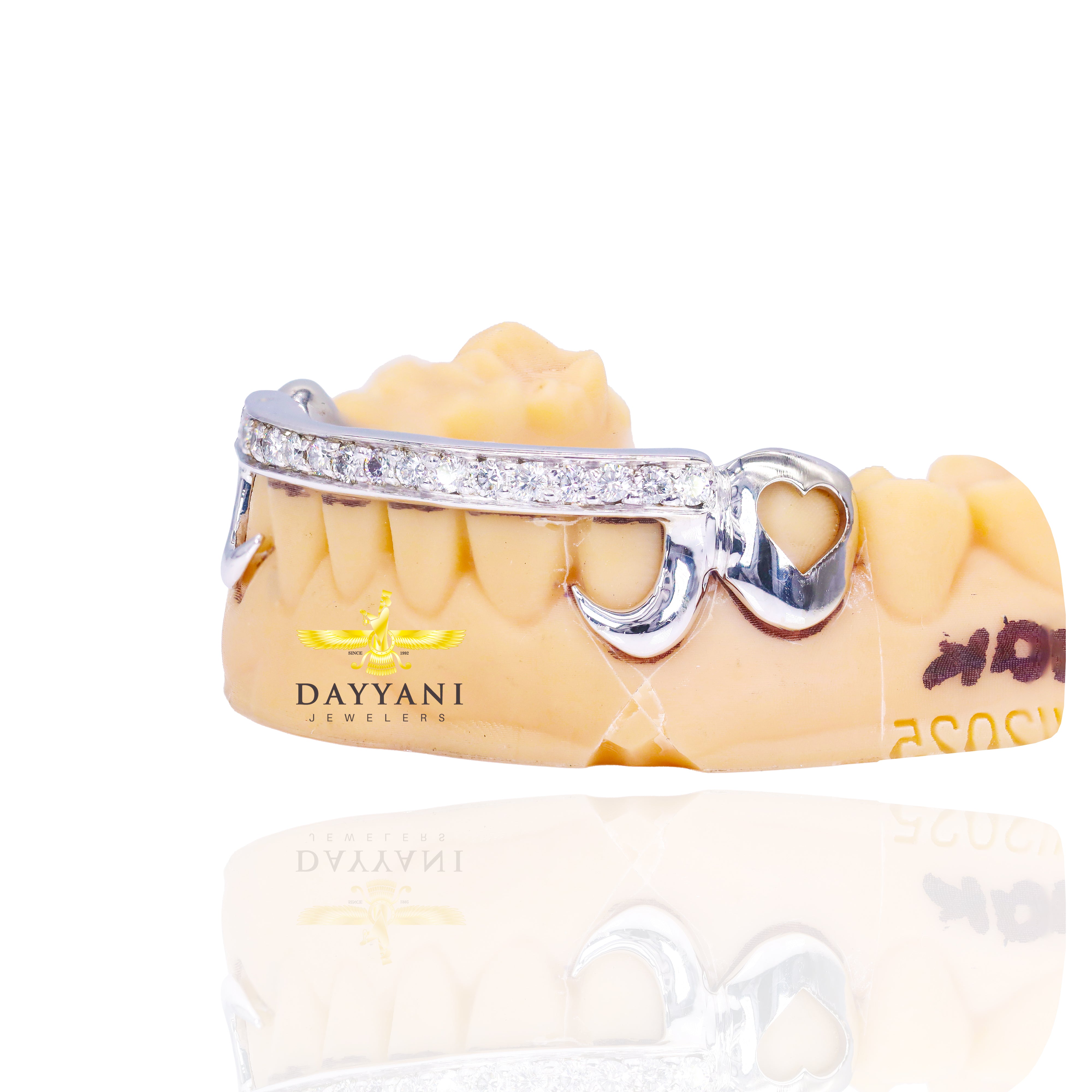 Custom Kim K. Style One Row Diamond Bar with Open Face Hearts Grillz