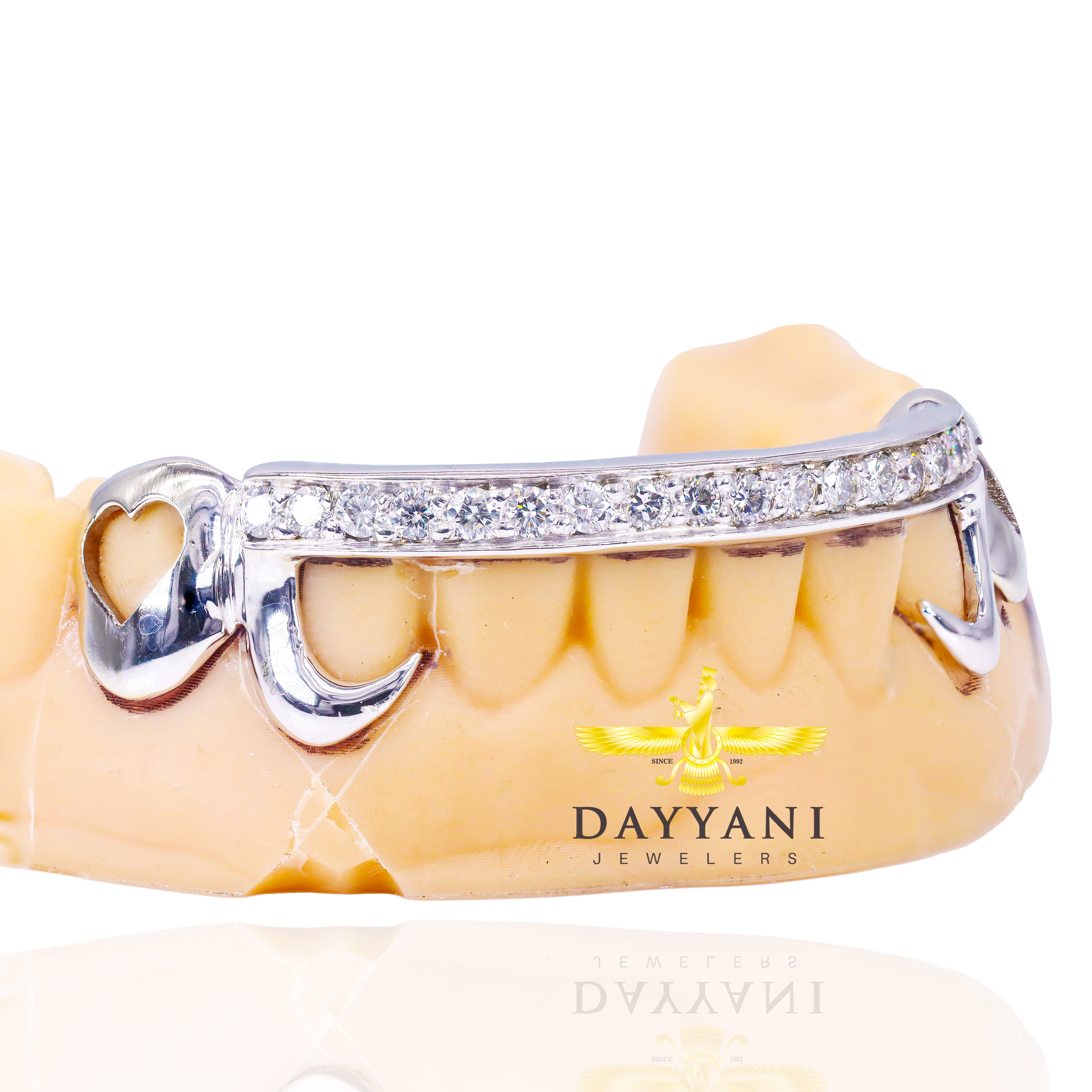 Custom Kim K. Style One Row Diamond Bar with Open Face Hearts Grillz