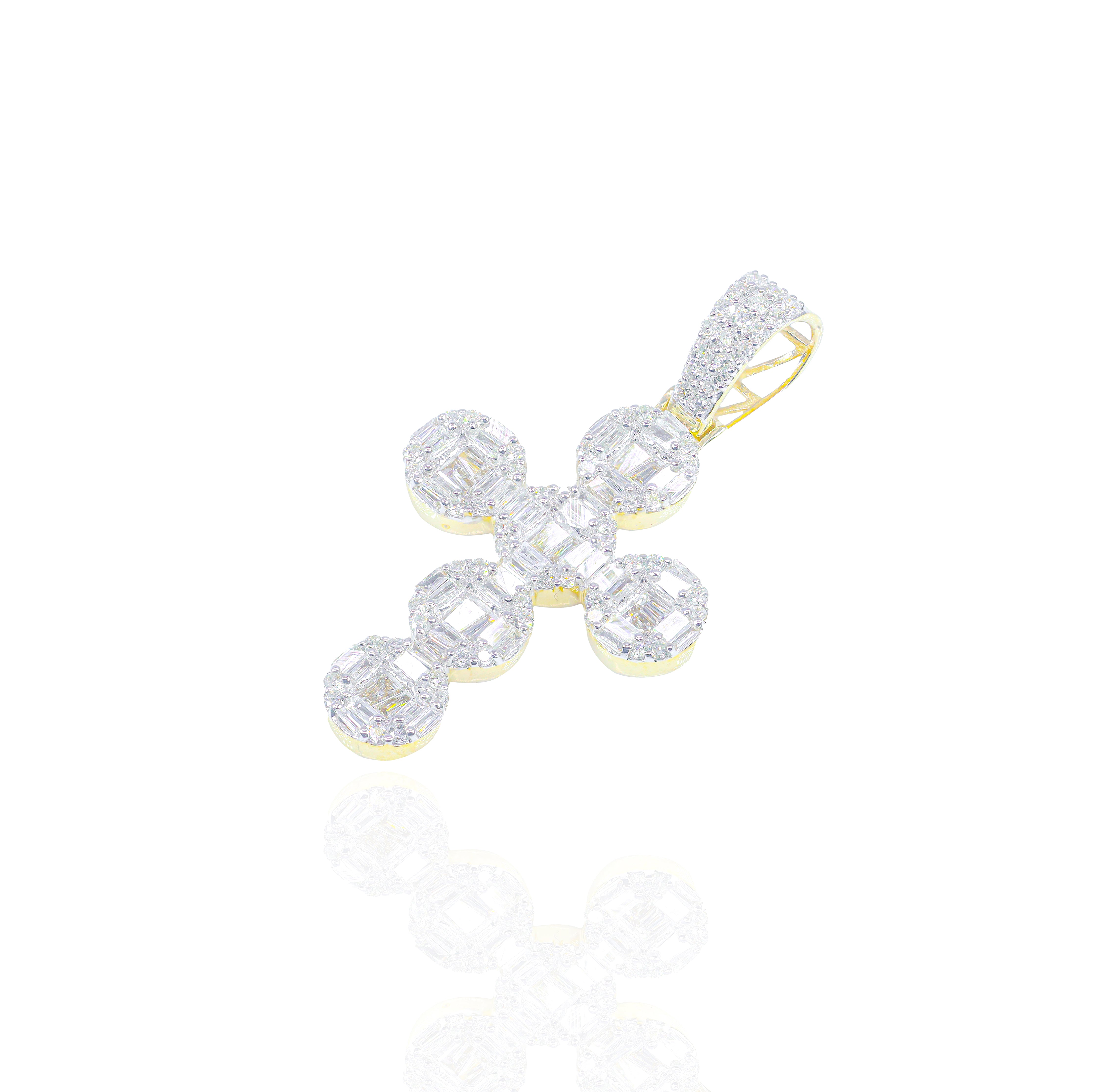 Baguette & Round Cluster Diamond Cross Pendant
