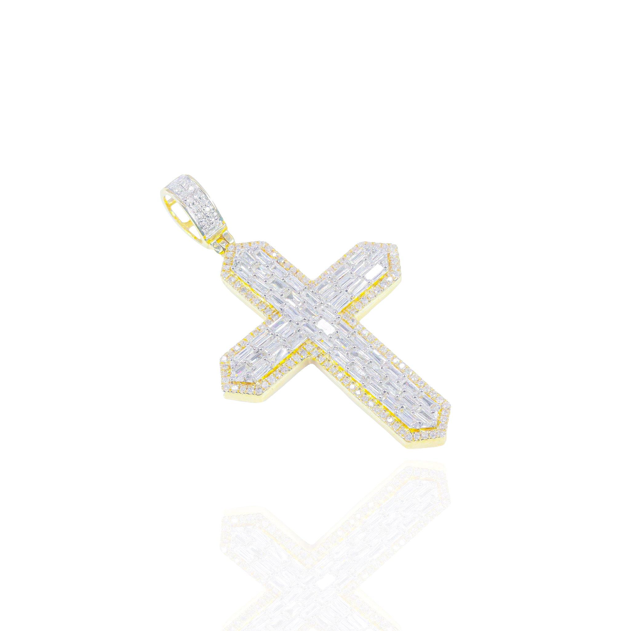 Baguette Diamond Cross Pendant w/ Round Diamond Border