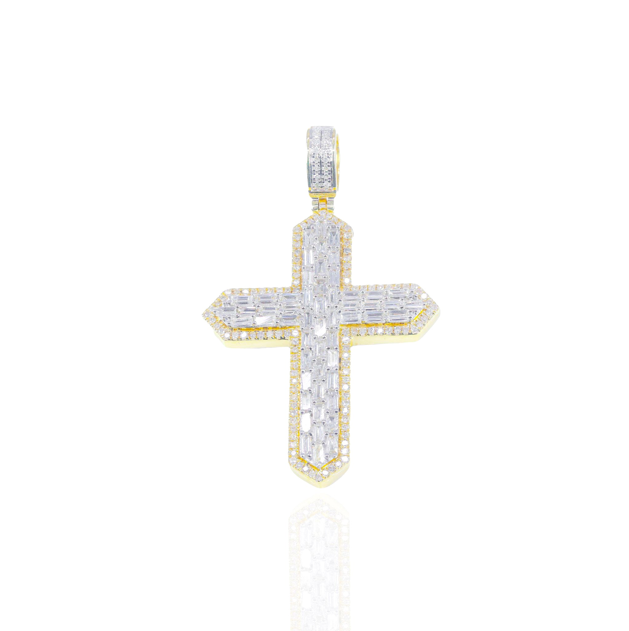 Baguette Diamond Cross Pendant w/ Round Diamond Border