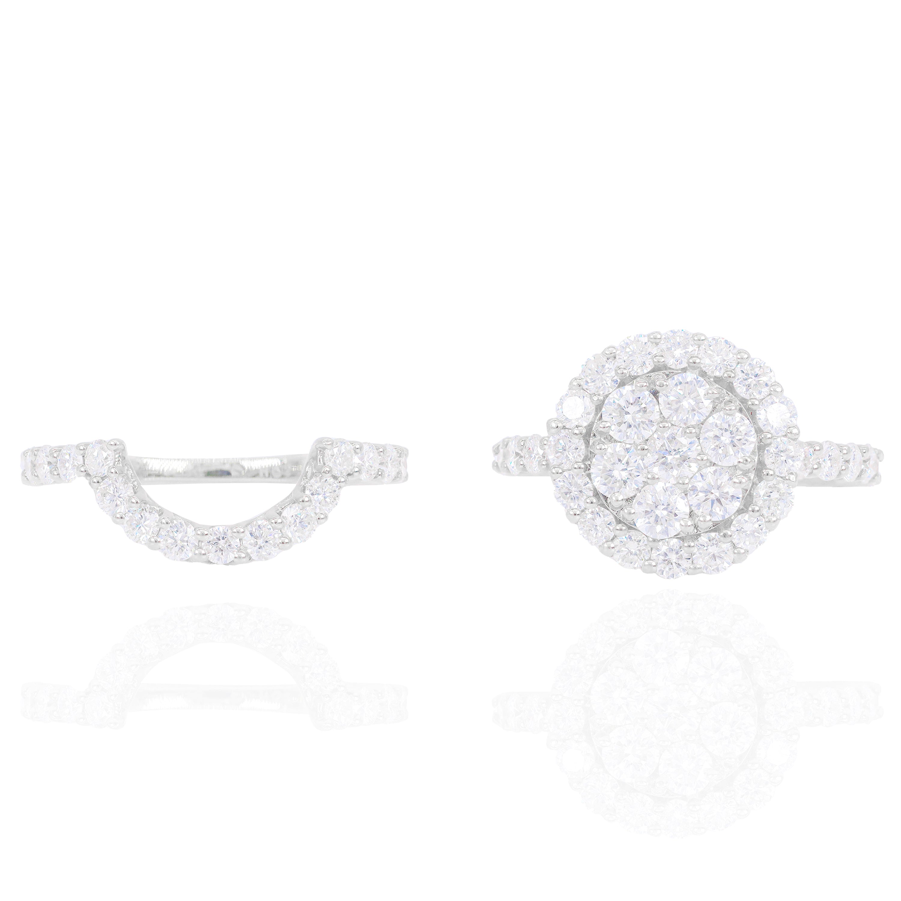 Fine Round Brilliant Pointer with Halo Diamond Engagement Ring & Band