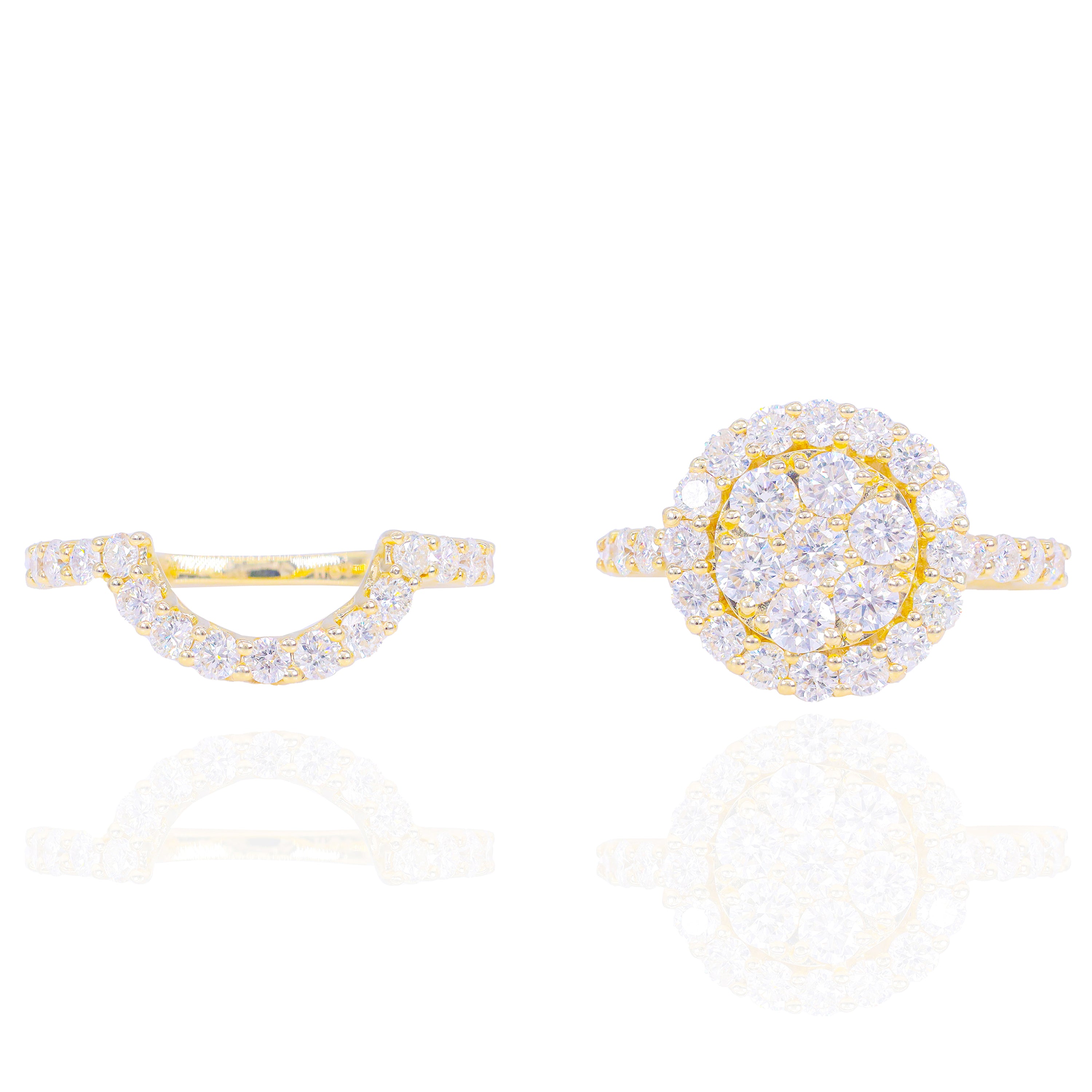 Fine Round Brilliant Pointer with Halo Diamond Engagement Ring & Band