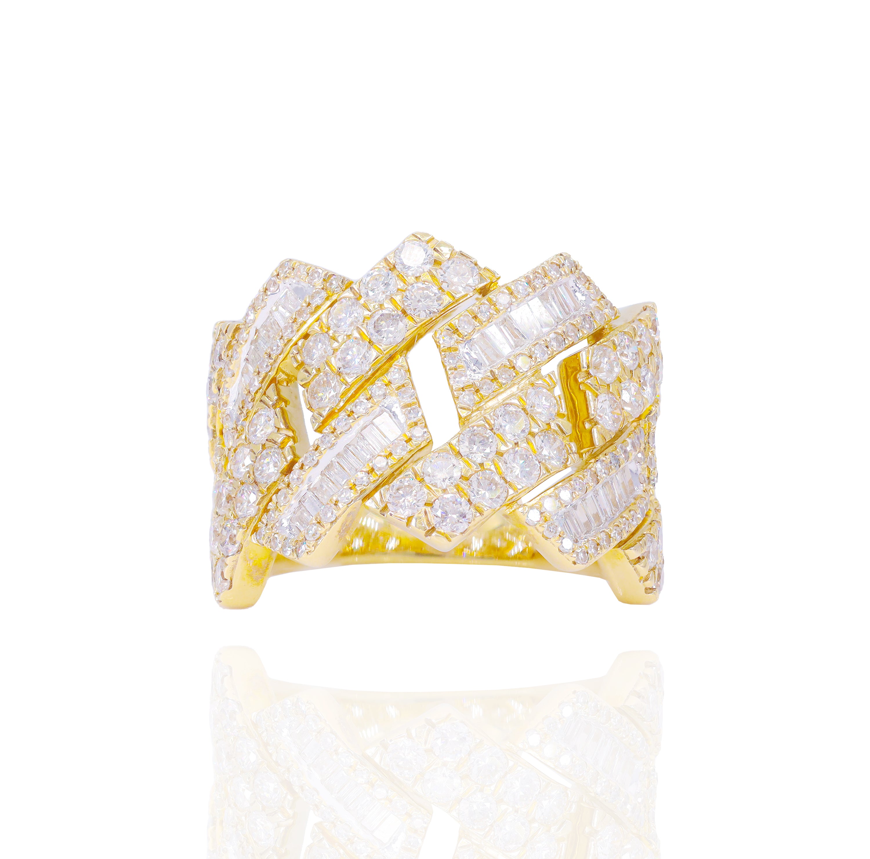Alternating Baguette & Round Diamond Cuban Link Ring