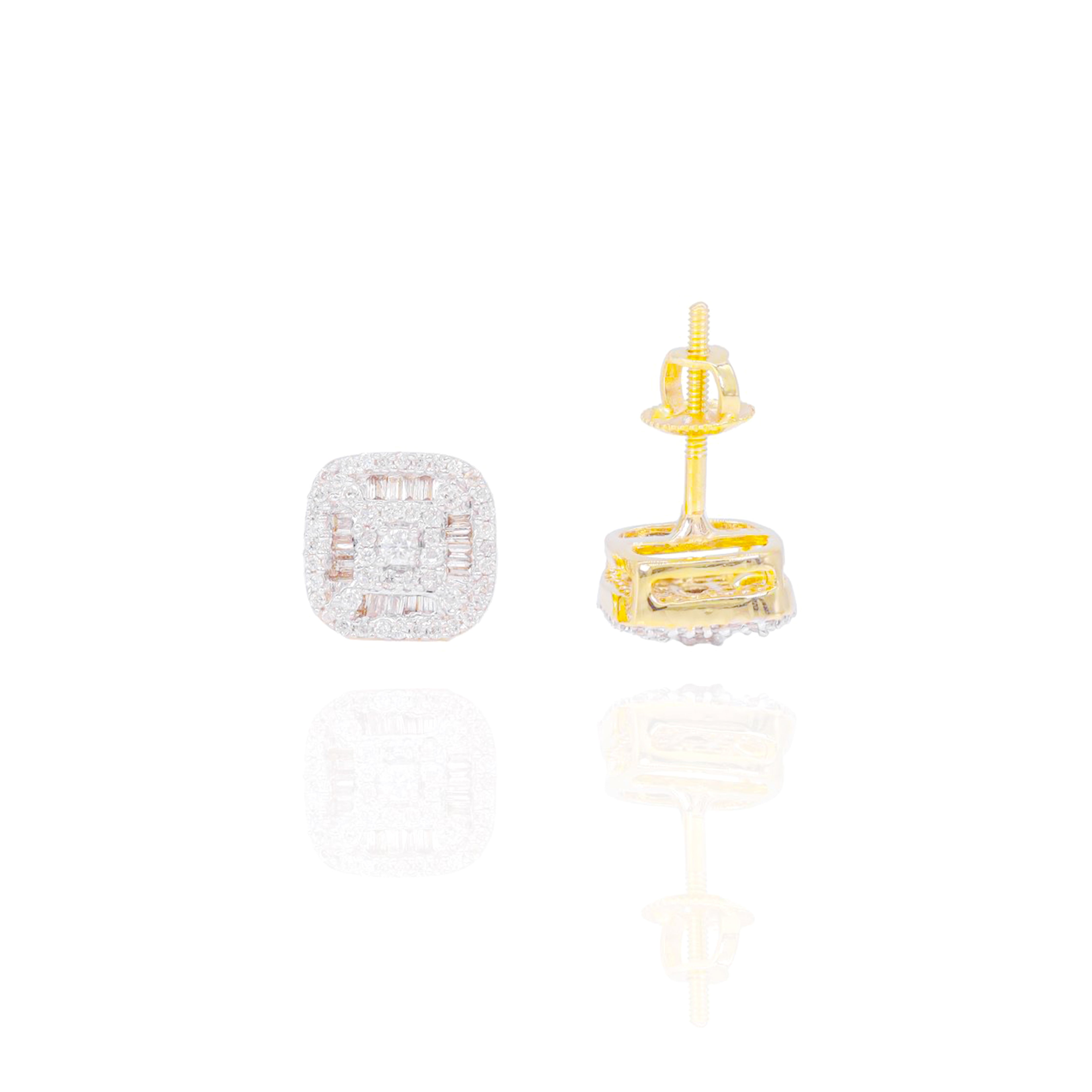 Rounded Square Baguette & Round Diamond Earrings