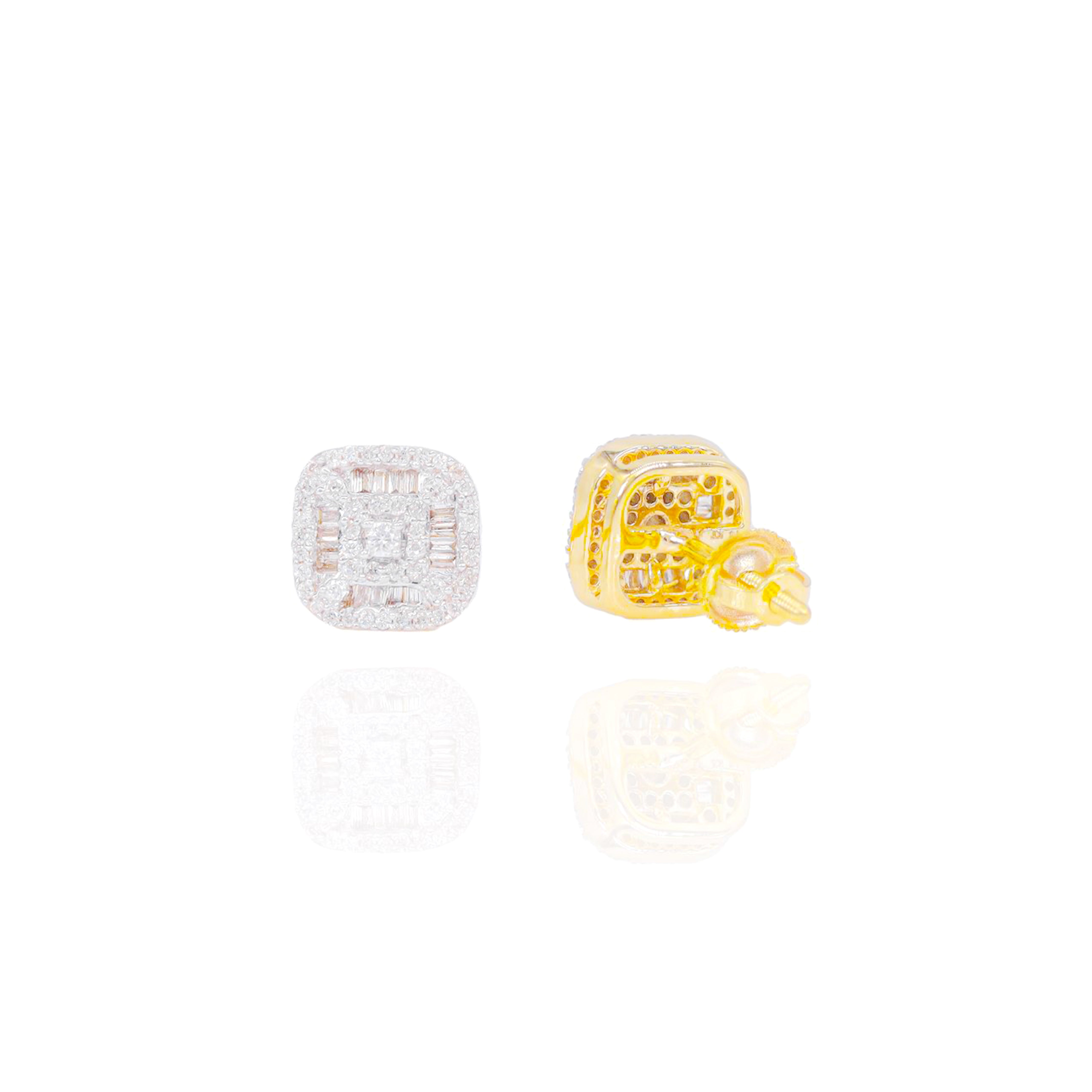 Rounded Square Baguette & Round Diamond Earrings