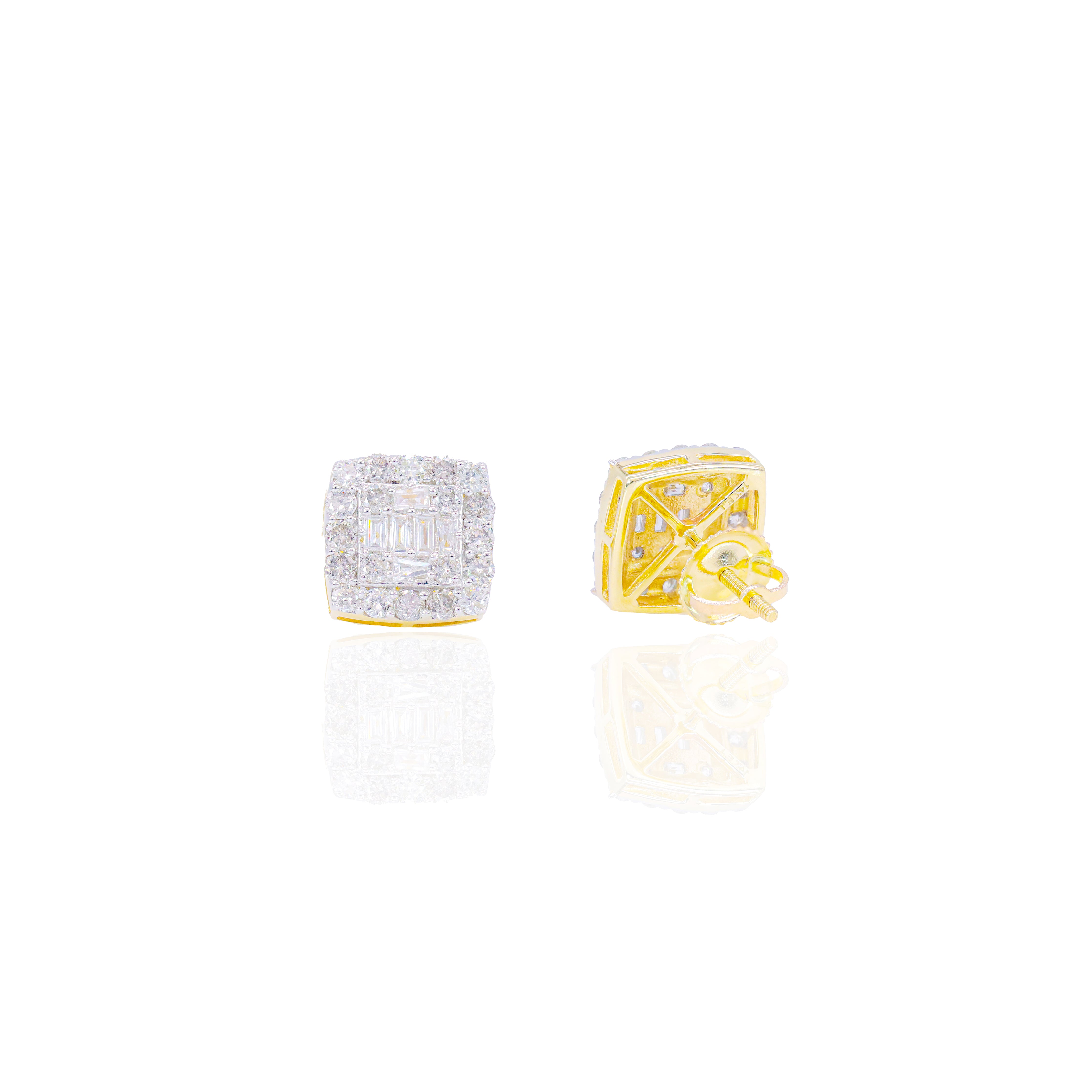 Baguette Cluster Diamond Earrings with Round Border