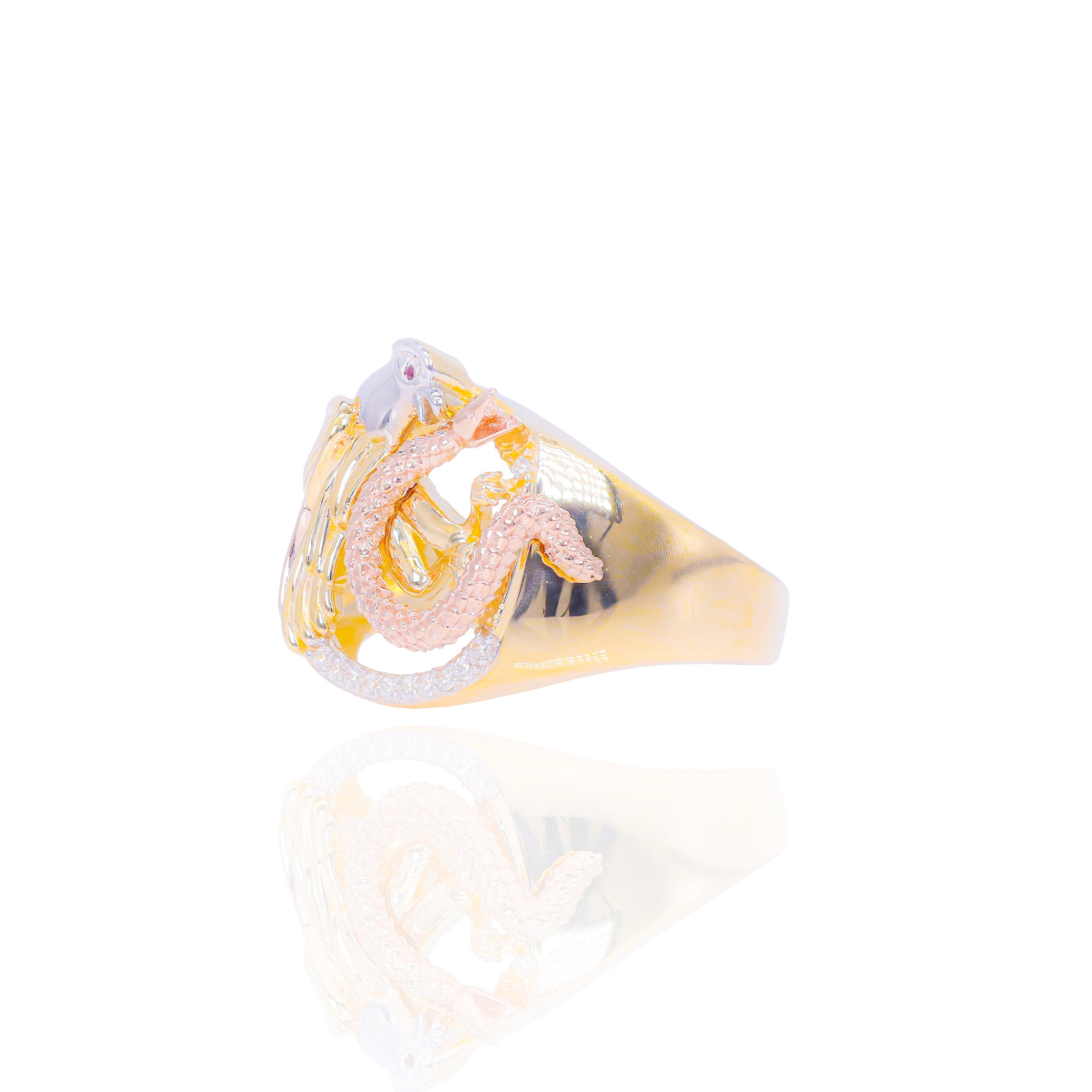Red Ruby Eyes Golden Eagle & Snake Gold Ring w/ Diamond Accents