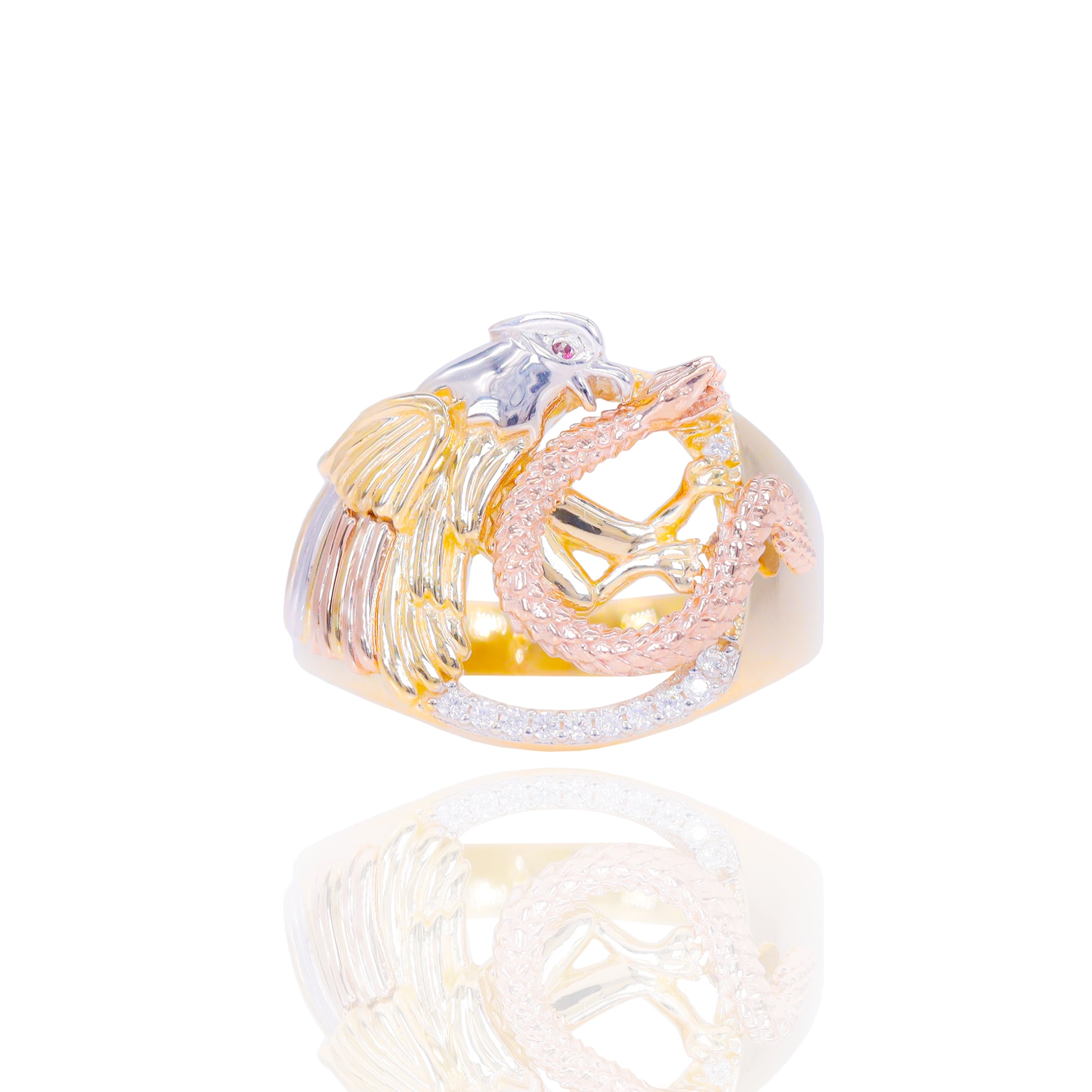 Red Ruby Eyes Golden Eagle & Snake Gold Ring w/ Diamond Accents