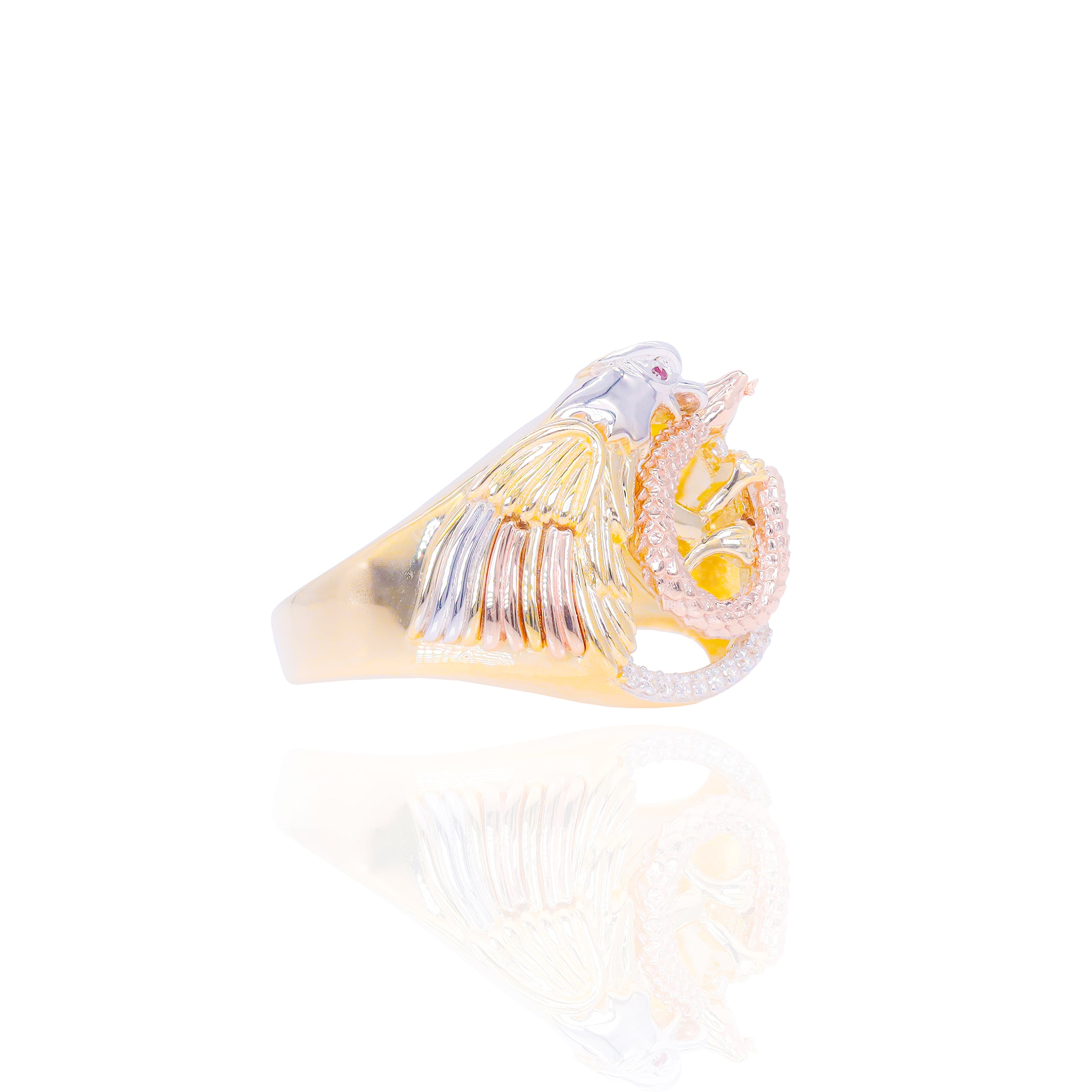 Red Ruby Eyes Golden Eagle & Snake Gold Ring w/ Diamond Accents