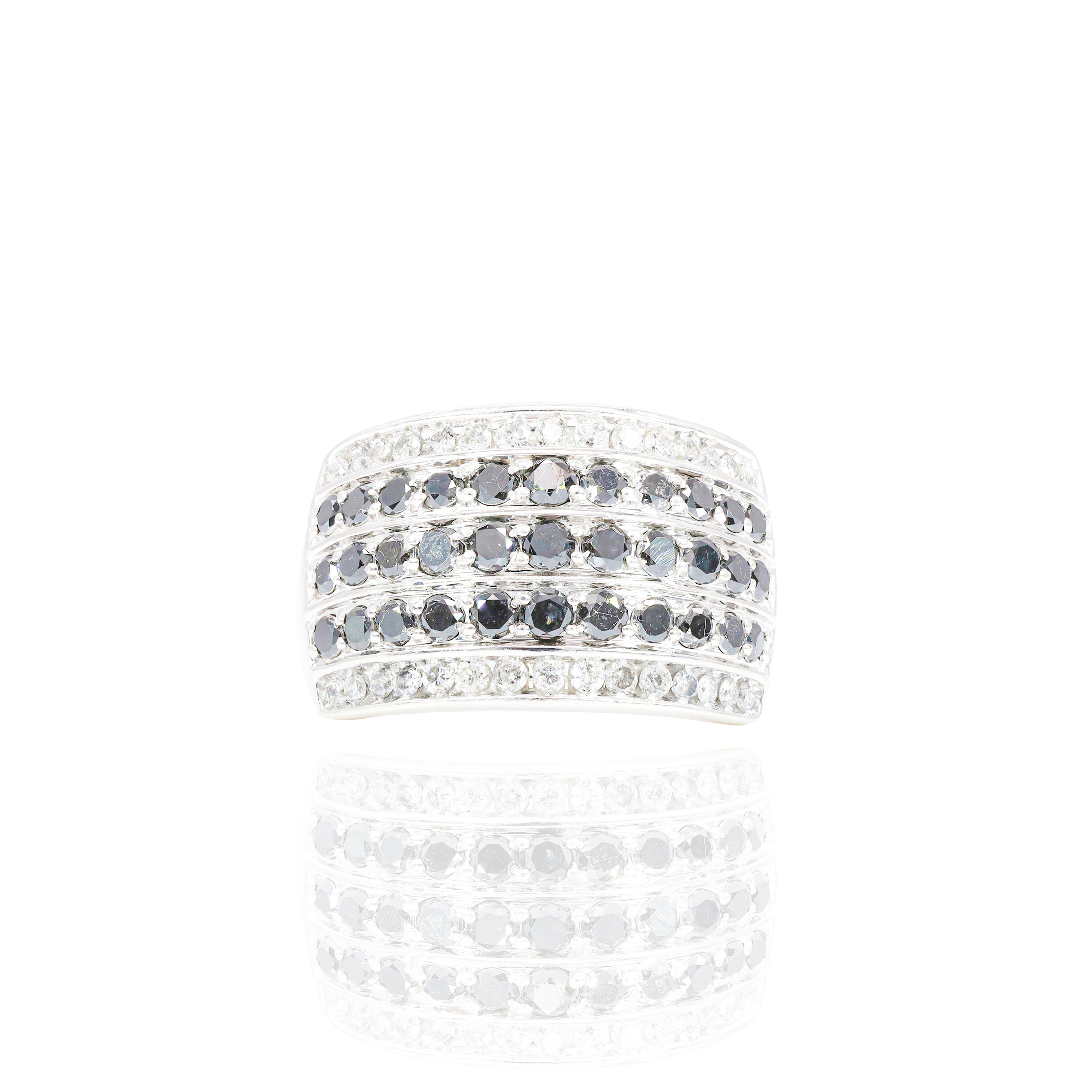 3 Row Black Diamond Ring with White Diamond Border