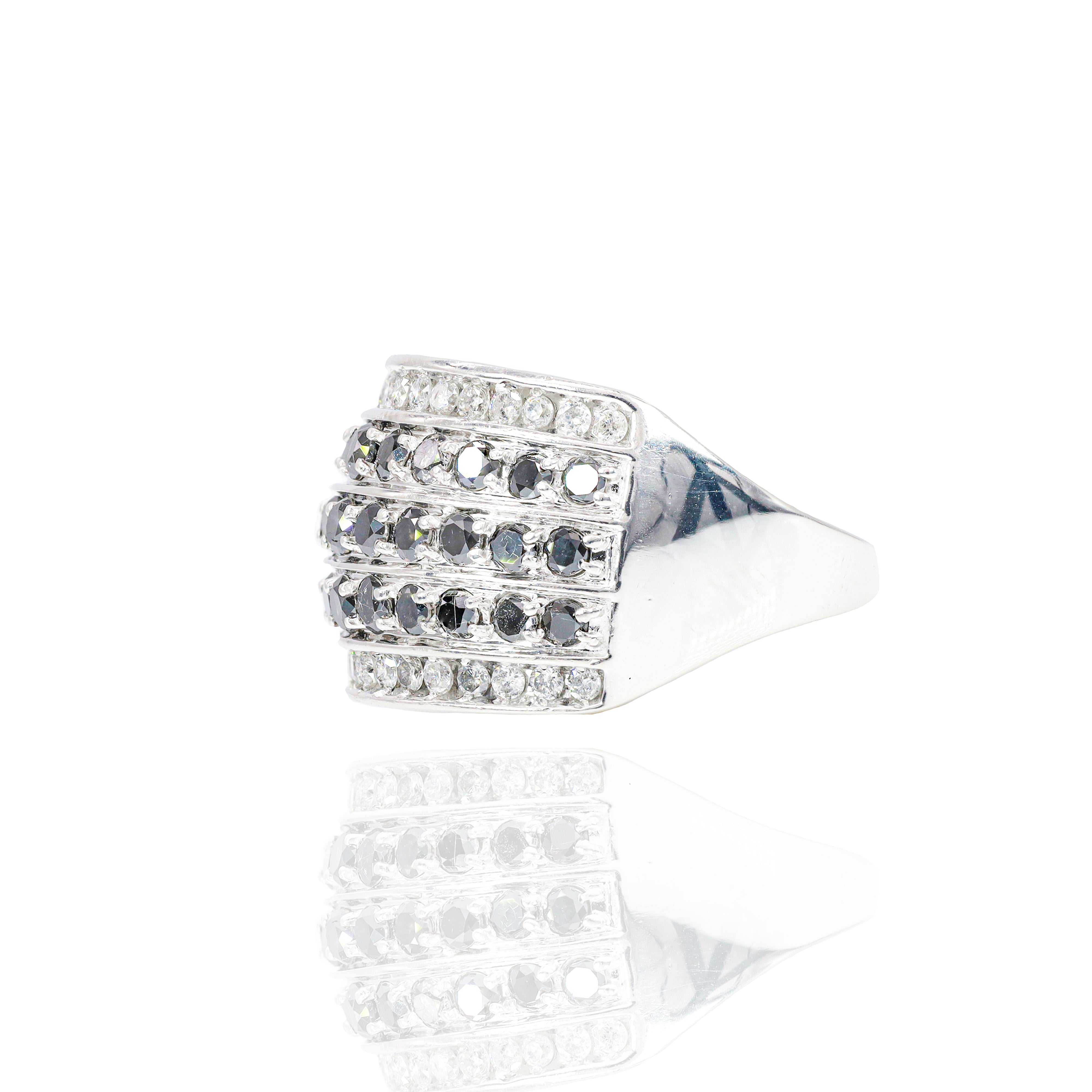 3 Row Black Diamond Ring with White Diamond Border