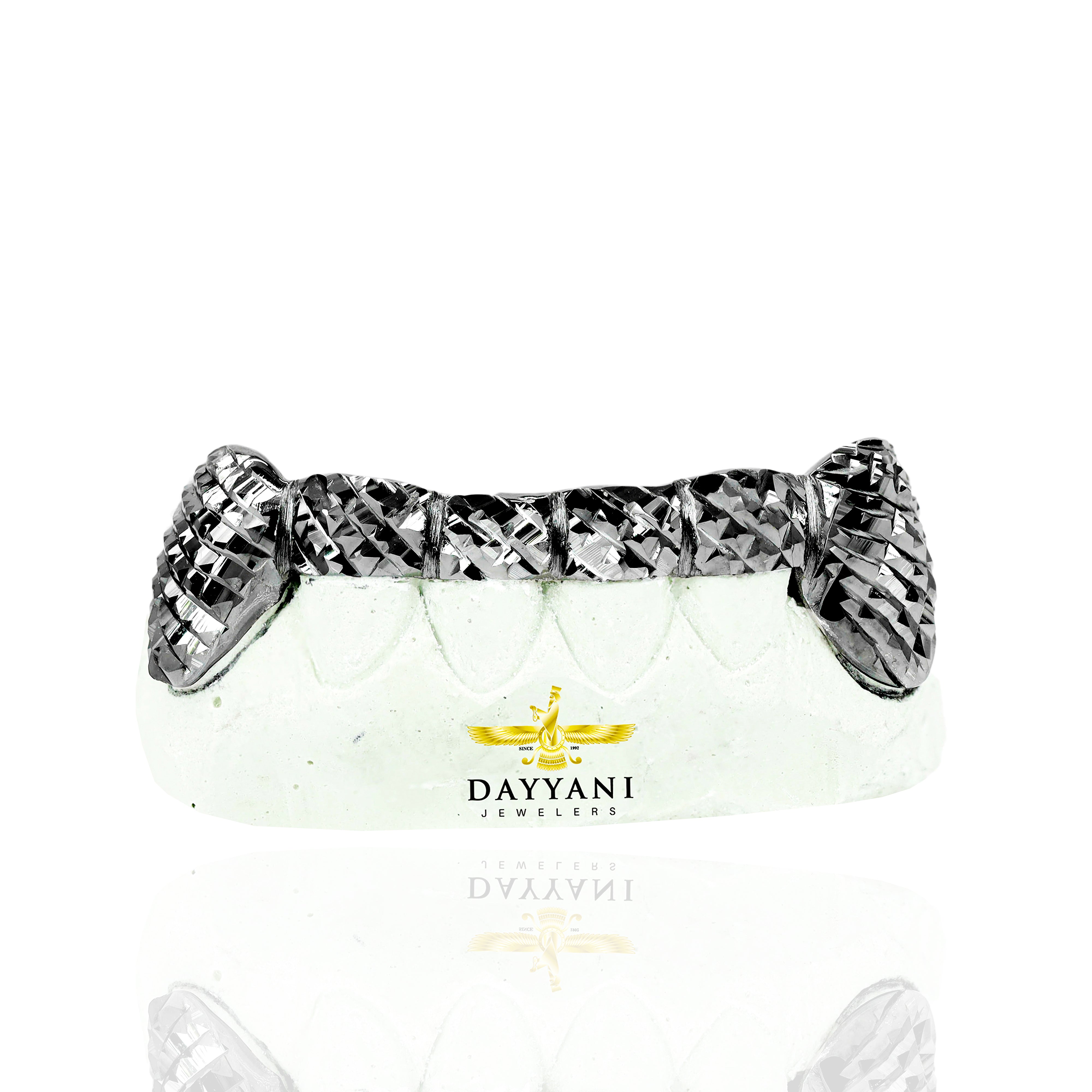 Custom 2 Teeth with Bar with Black Rhodium with Trillion Cut Gold Grillz