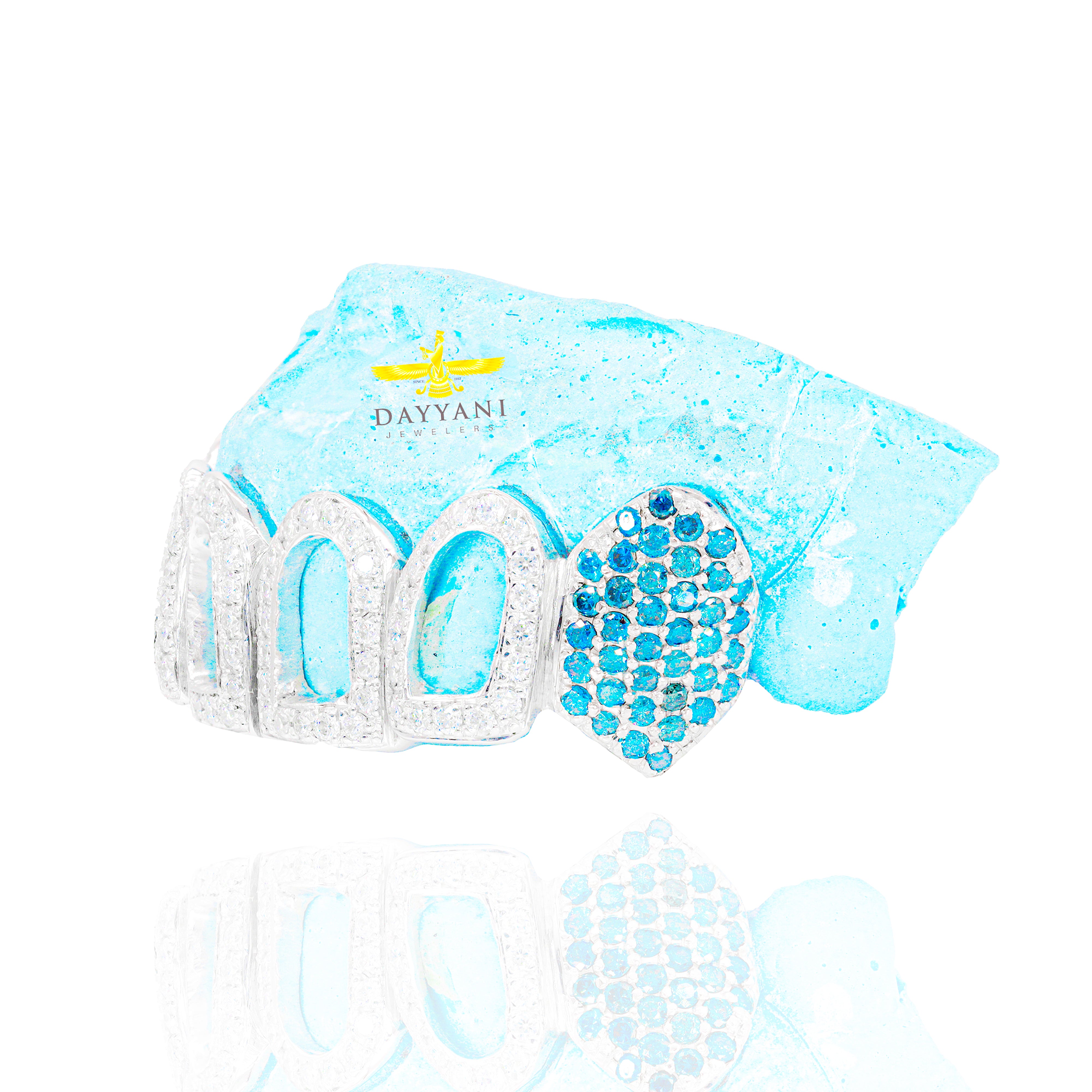 Custom Diamond Open Face with Blue Diamond Fangs Gold Grillz