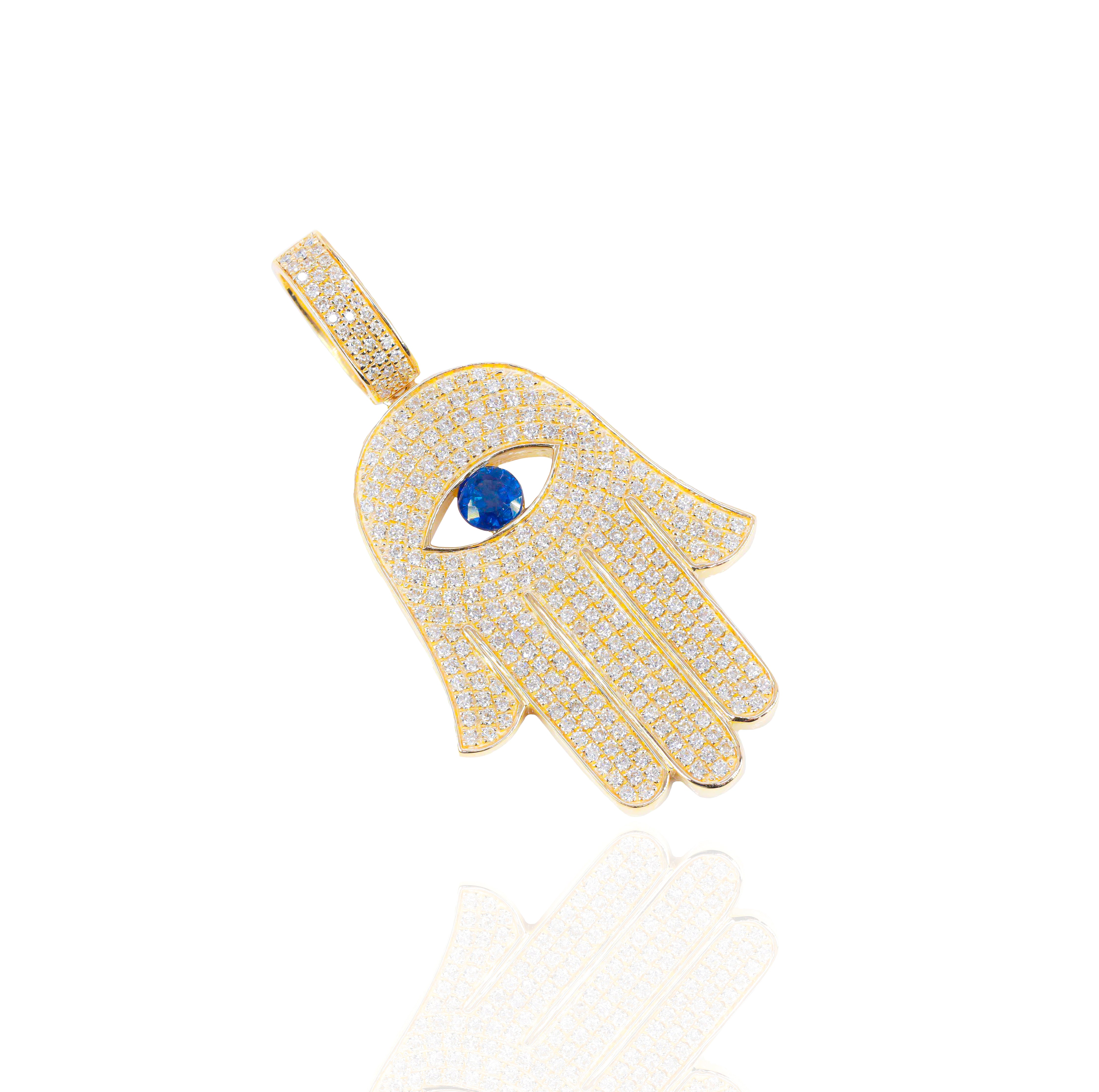 Diamond Hamza Hand With Blue Sapphire Pendant