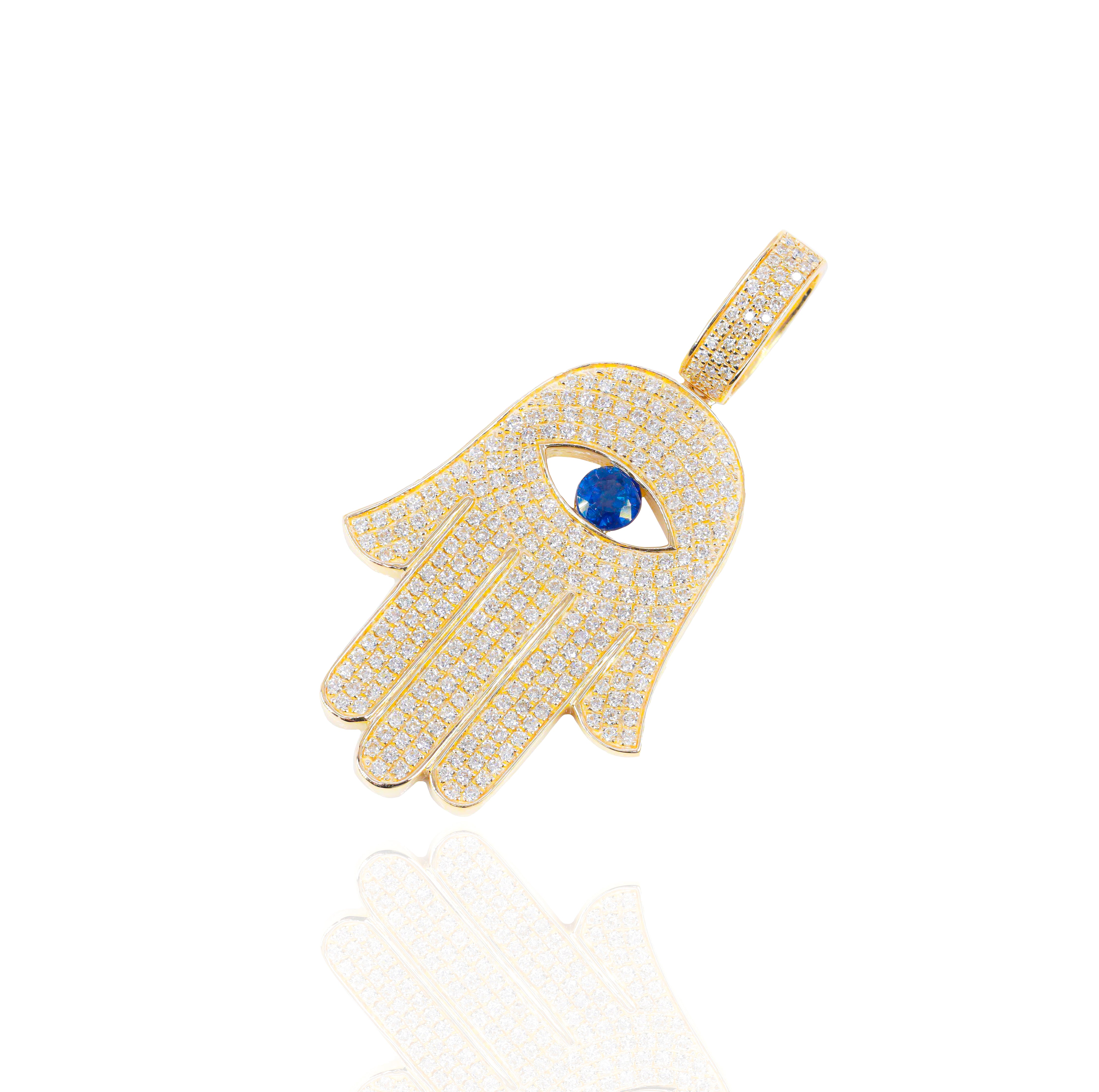 Diamond Hamza Hand With Blue Sapphire Pendant