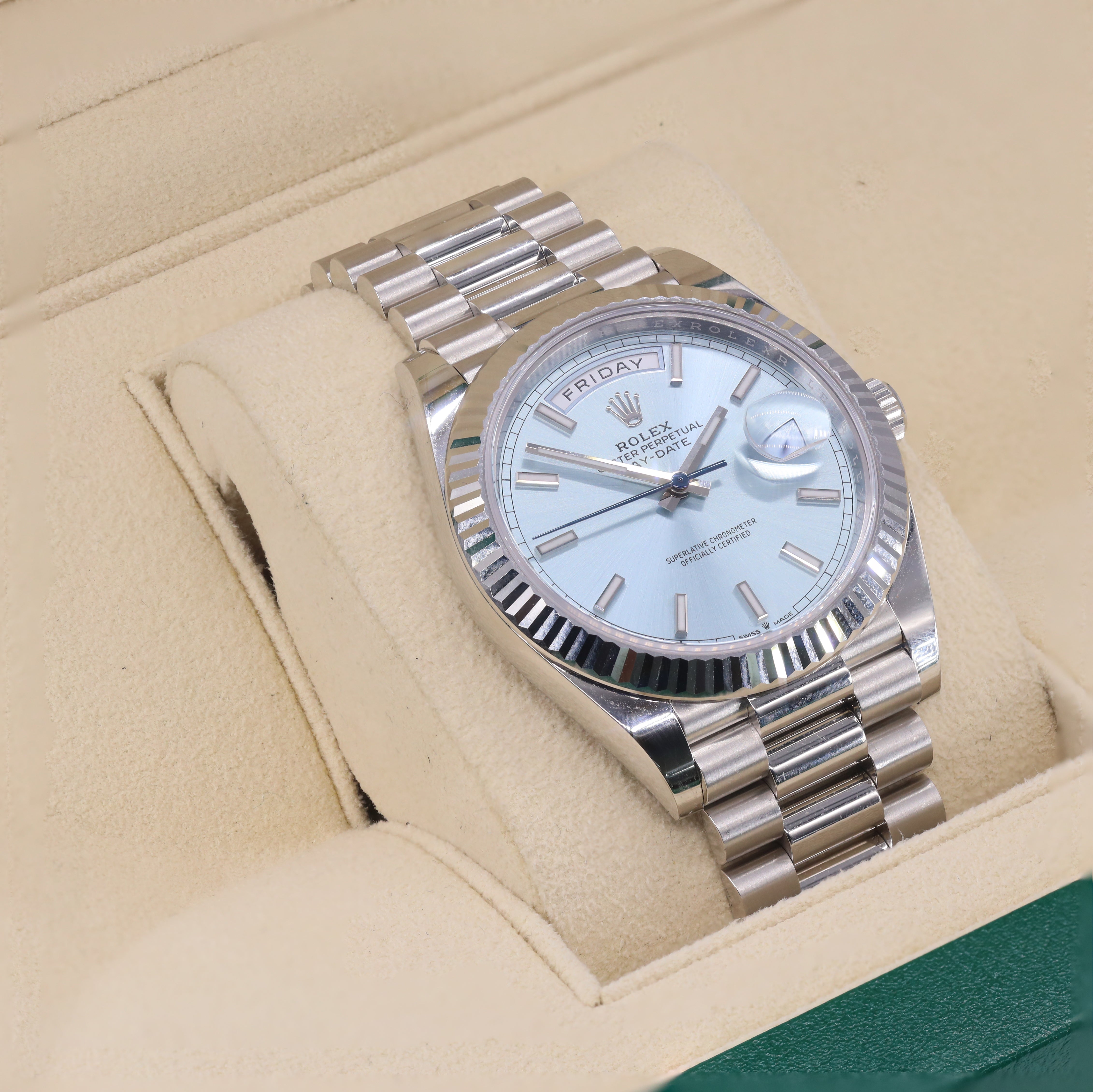 Rolex 228236 Day-Date 40mm Platinum Ice-Blue Stick Dial