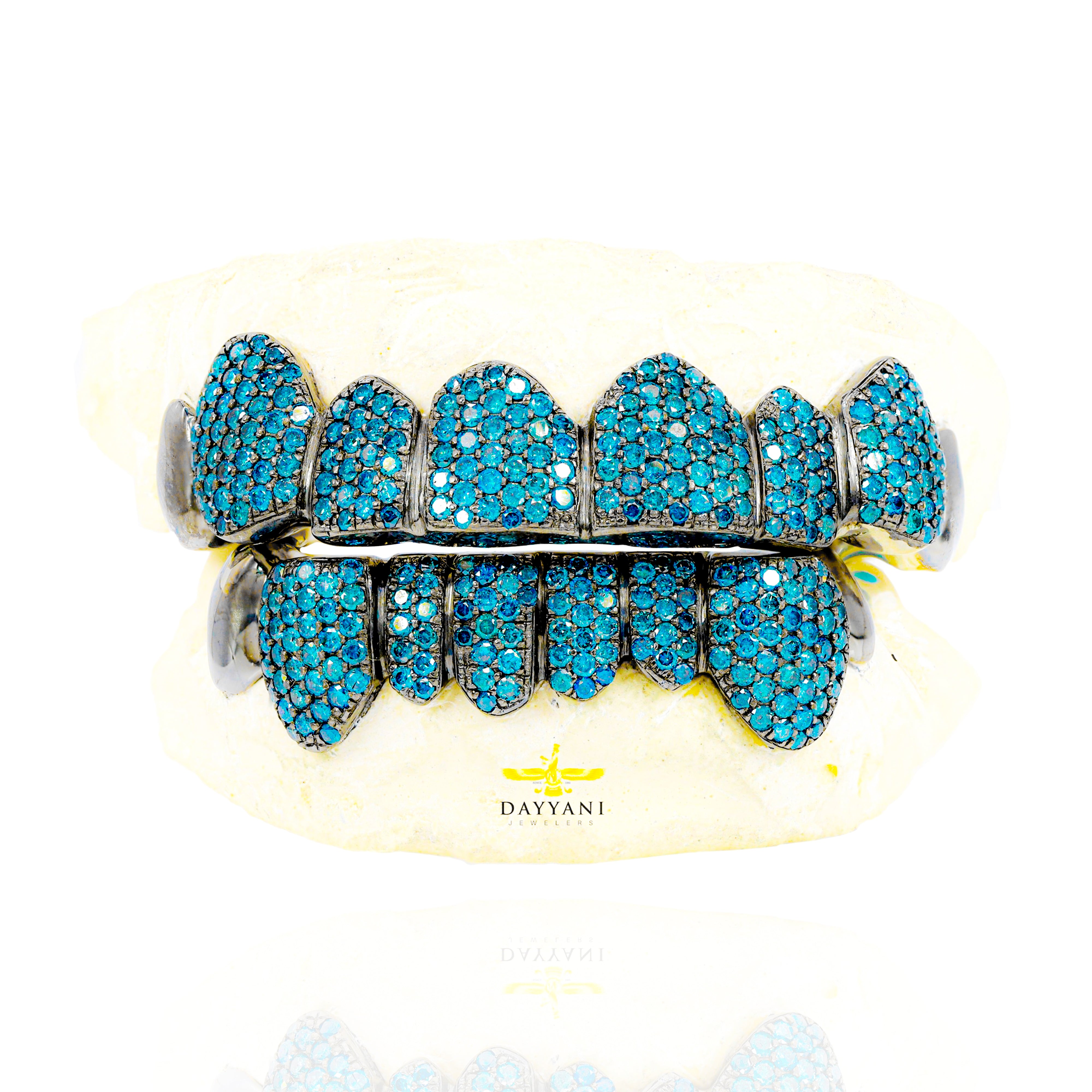 Custom Blue Color Natural Diamond Grillz & Black Rhodium Gold Grillz