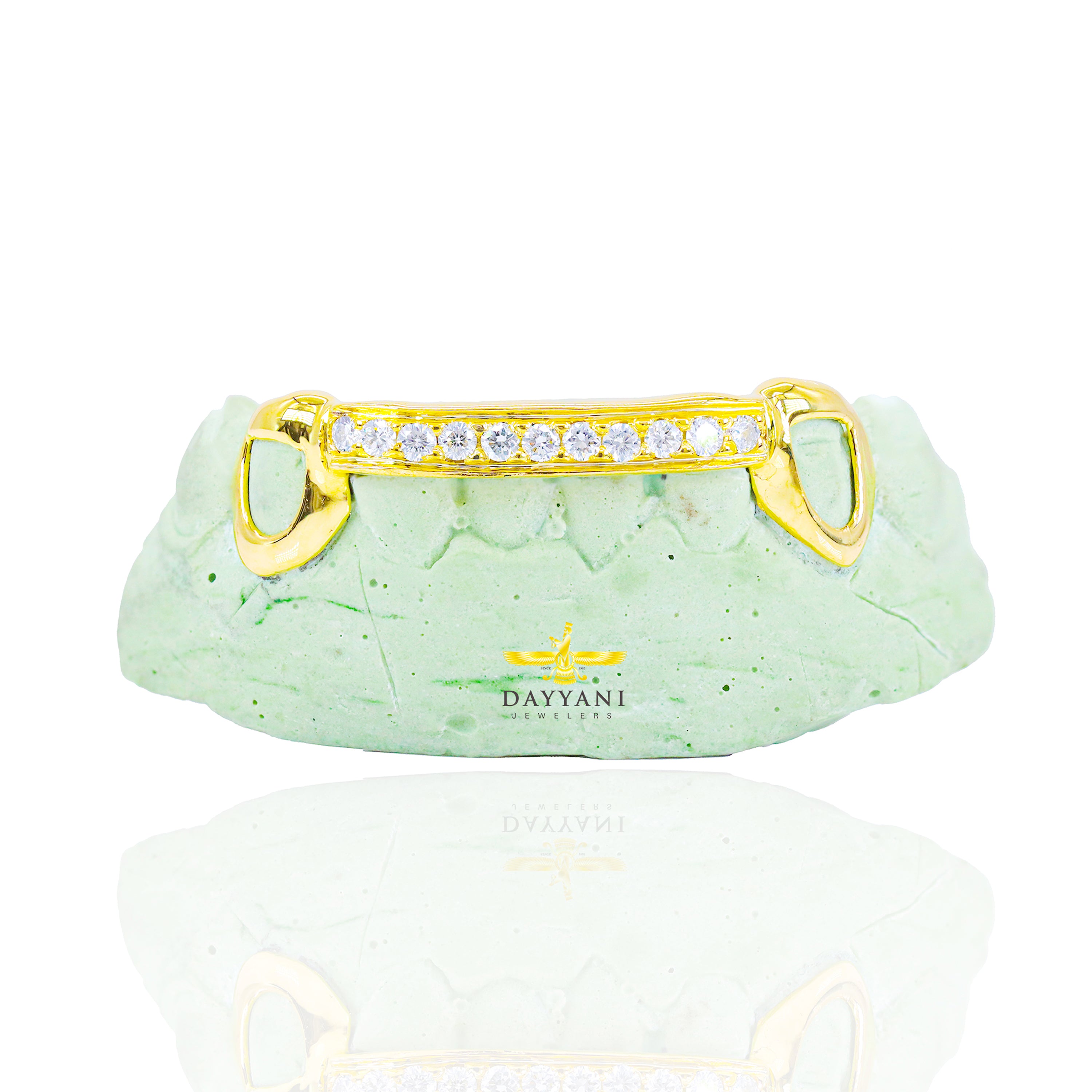 Custom One Row Diamond Bar Open Face Fangs Gold Grillz
