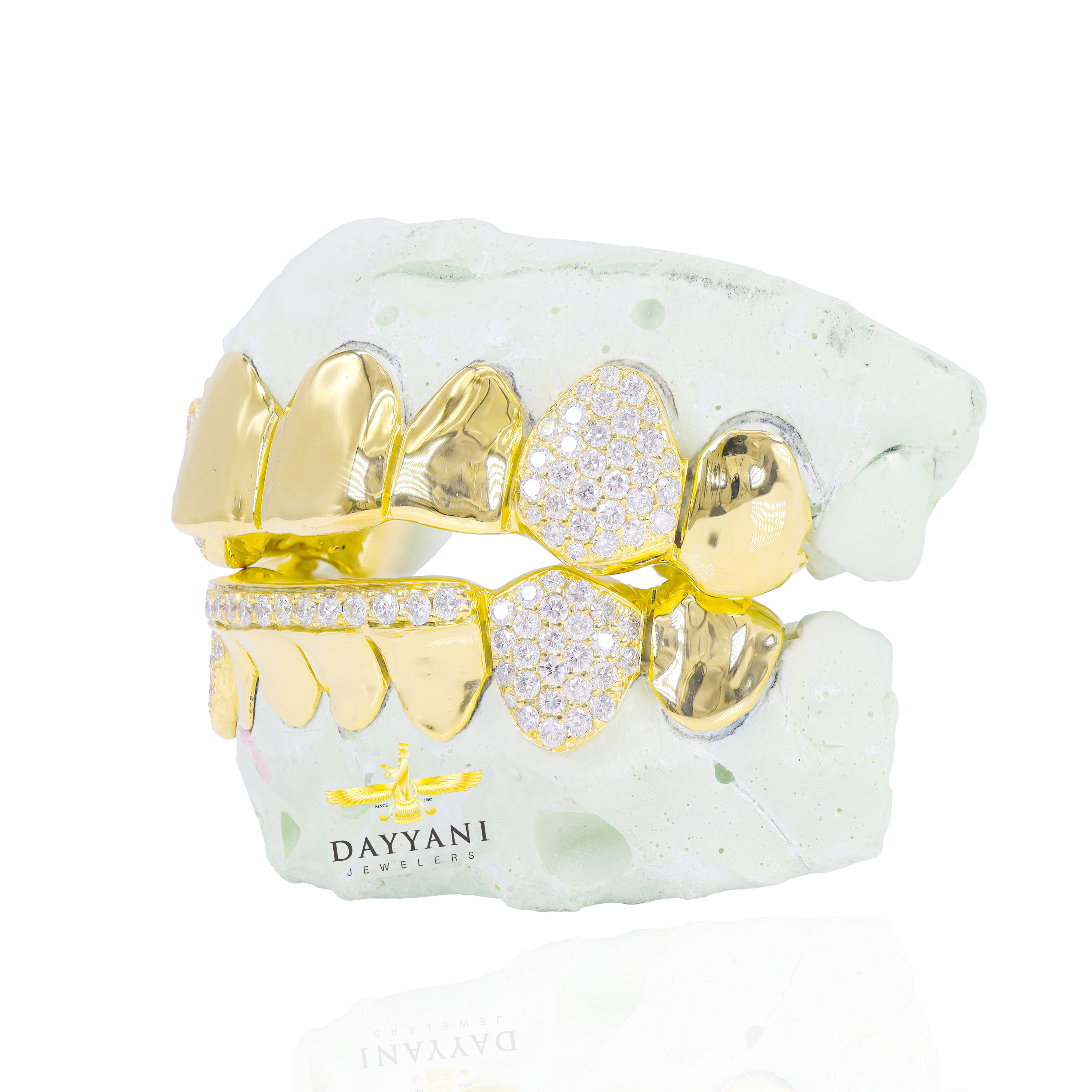 Custom 8 on 8 Teeth Diamond Fangs & Diamond Bar Gold Grillz