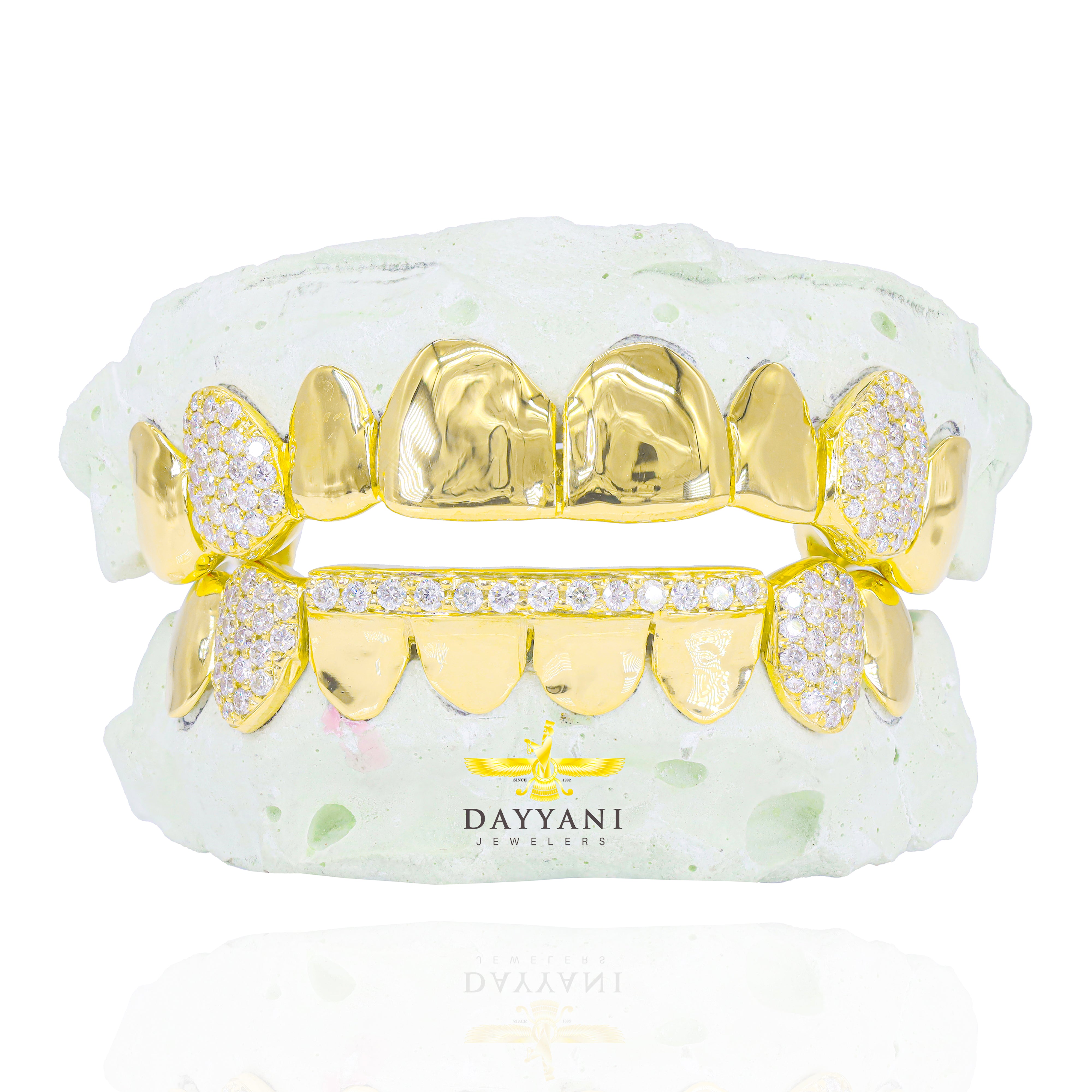Custom 8 on 8 Teeth Diamond Fangs & Diamond Bar Gold Grillz