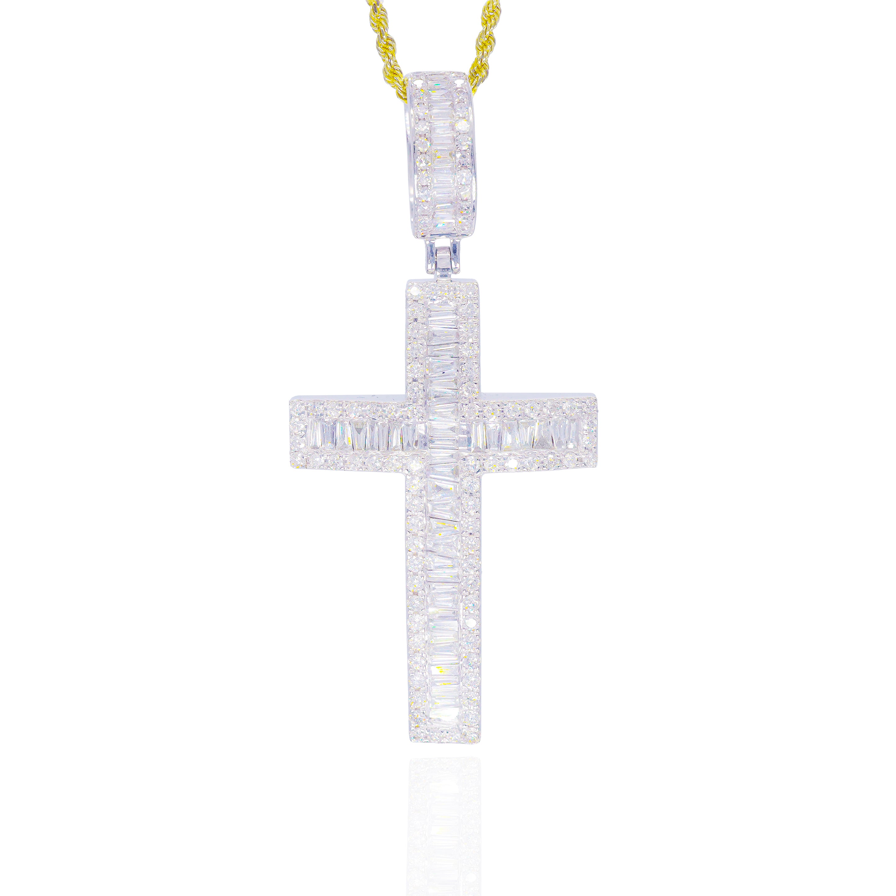 Curved Baguette Diamond Cross Pendant