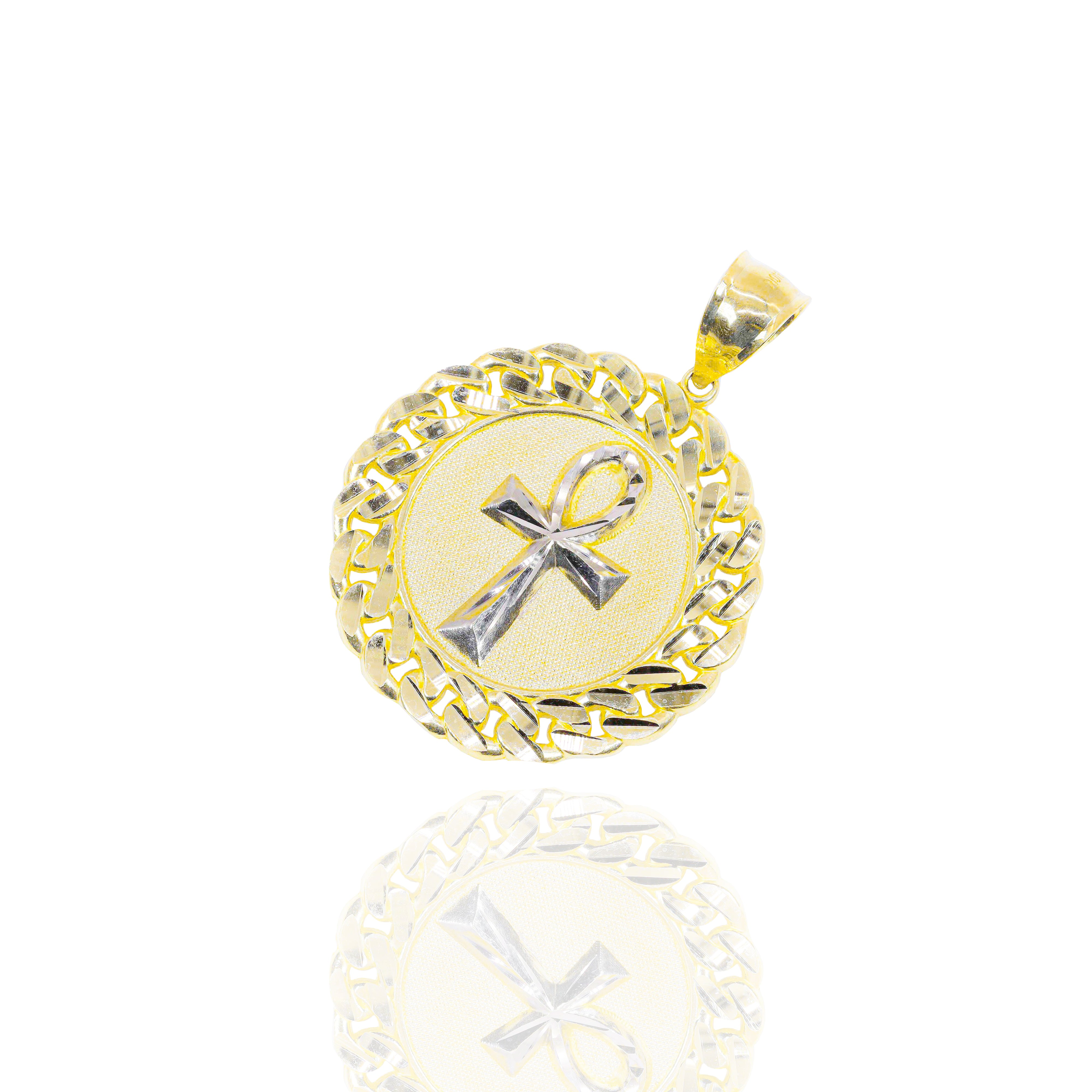 Ankh Cuban Border Solid Gold Pendant