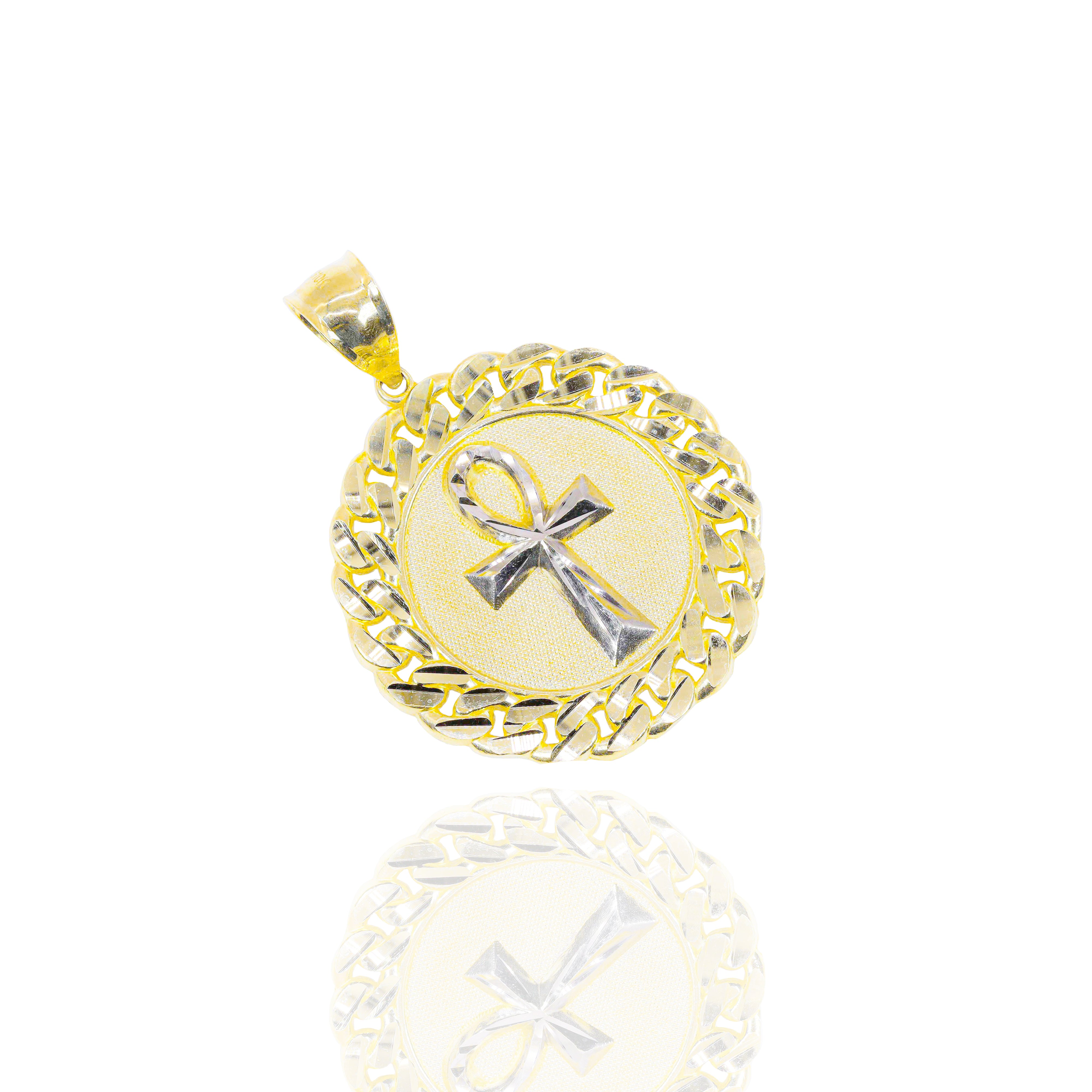 Ankh Cuban Border Solid Gold Pendant