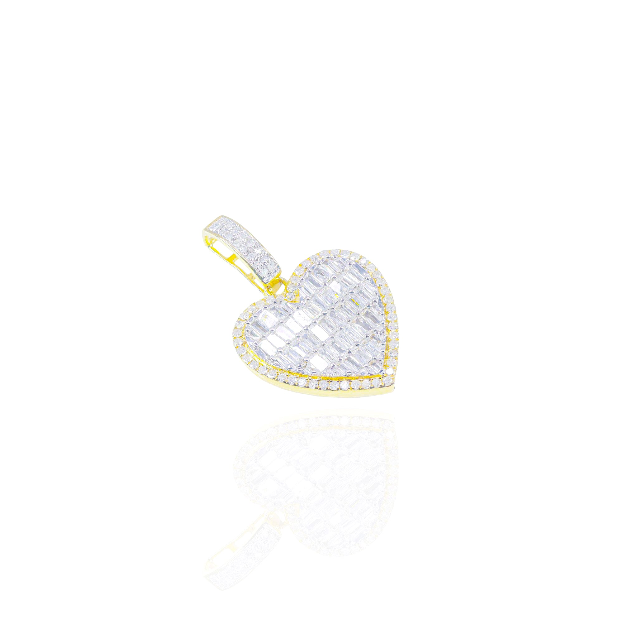 Baguette Diamond Heart Pendant w/ Round Diamond Border