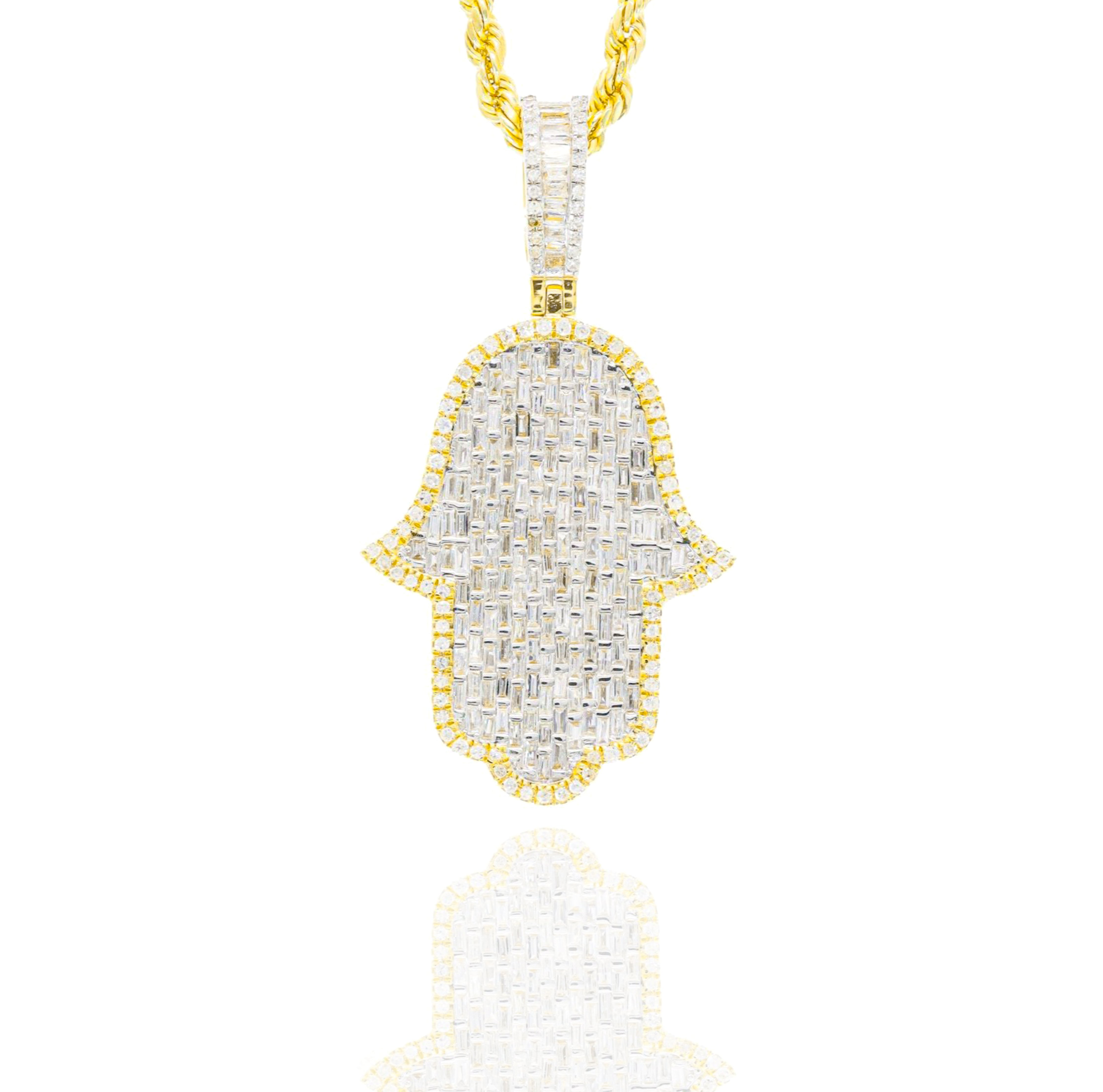 Flooded Baguette Diamond Hamza Hand Pendant w/ Diamond Border