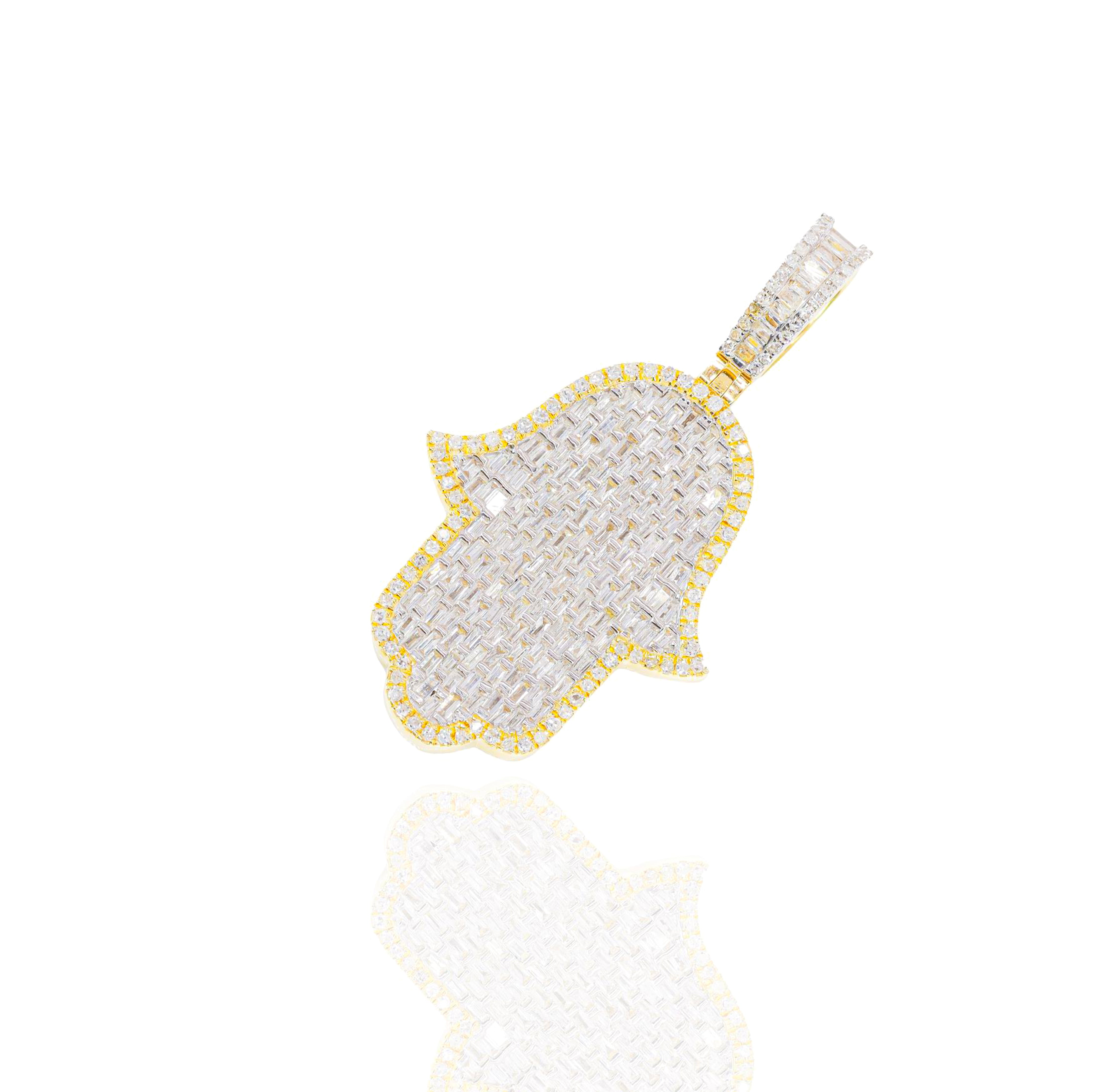 Flooded Baguette Diamond Hamza Hand Pendant w/ Diamond Border
