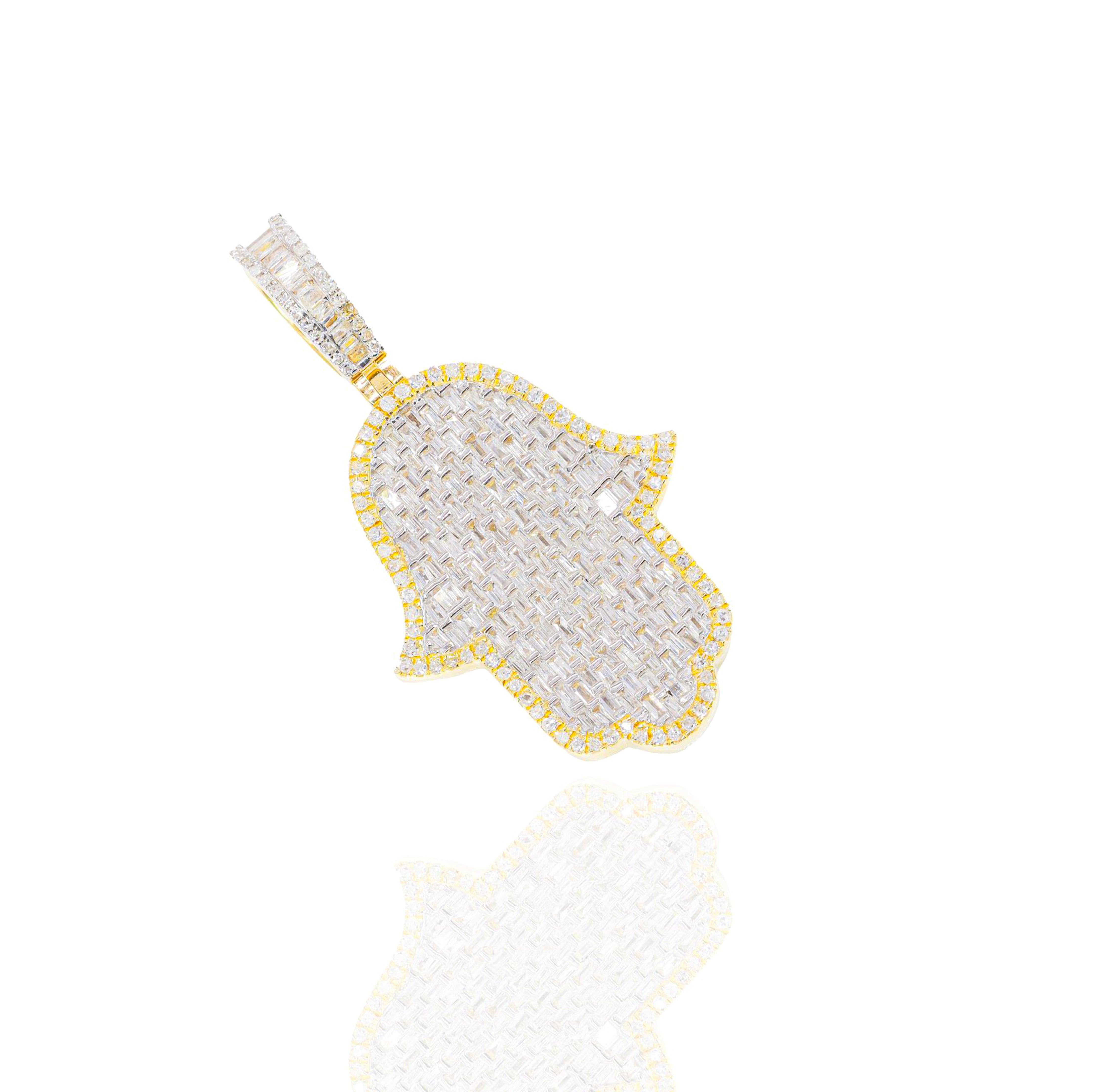 Flooded Baguette Diamond Hamza Hand Pendant w/ Diamond Border