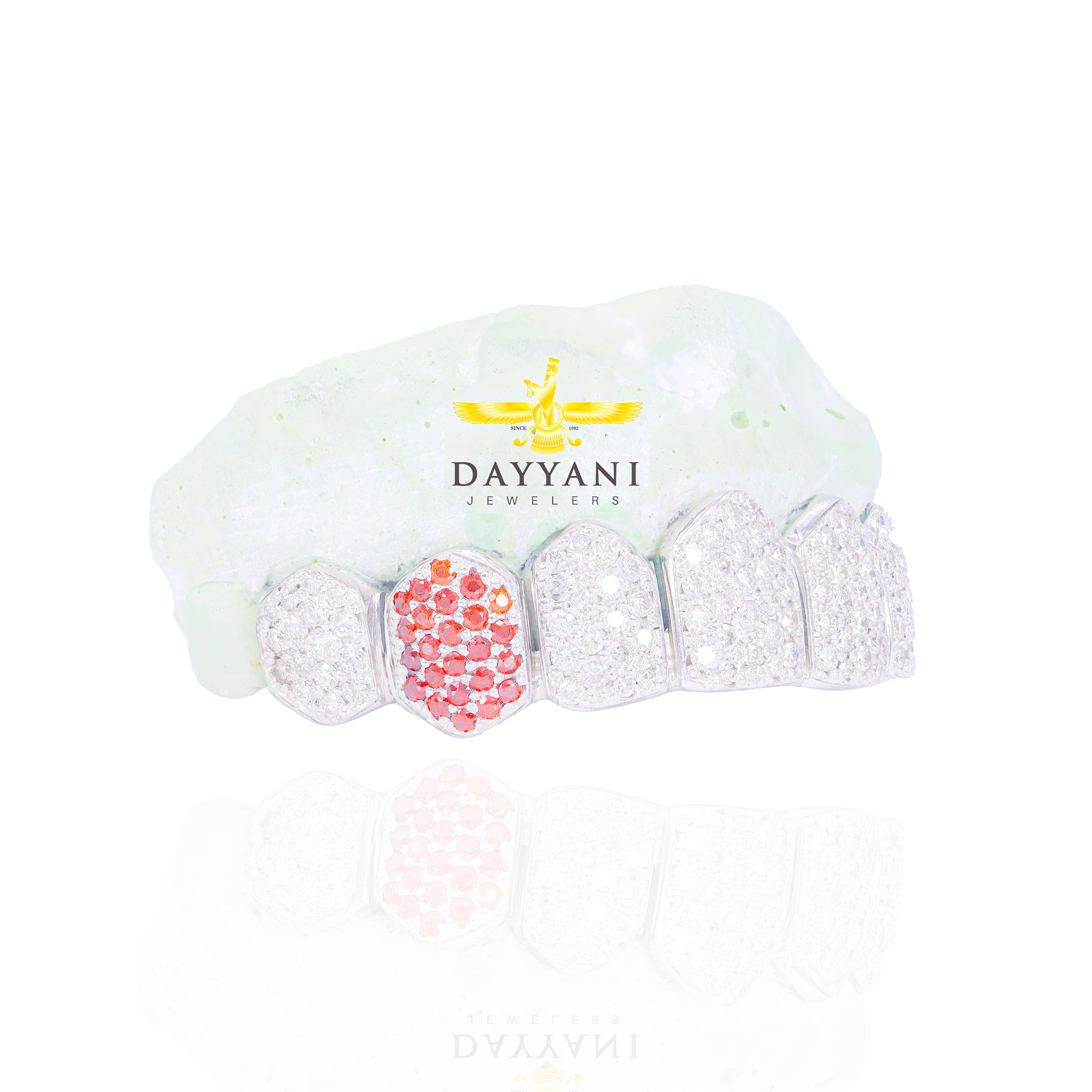 Custom 8 Top AND/OR Bottom Natural White Diamond and Colored Stone Fangs Gold Grillz (Zig-Zag Setting)