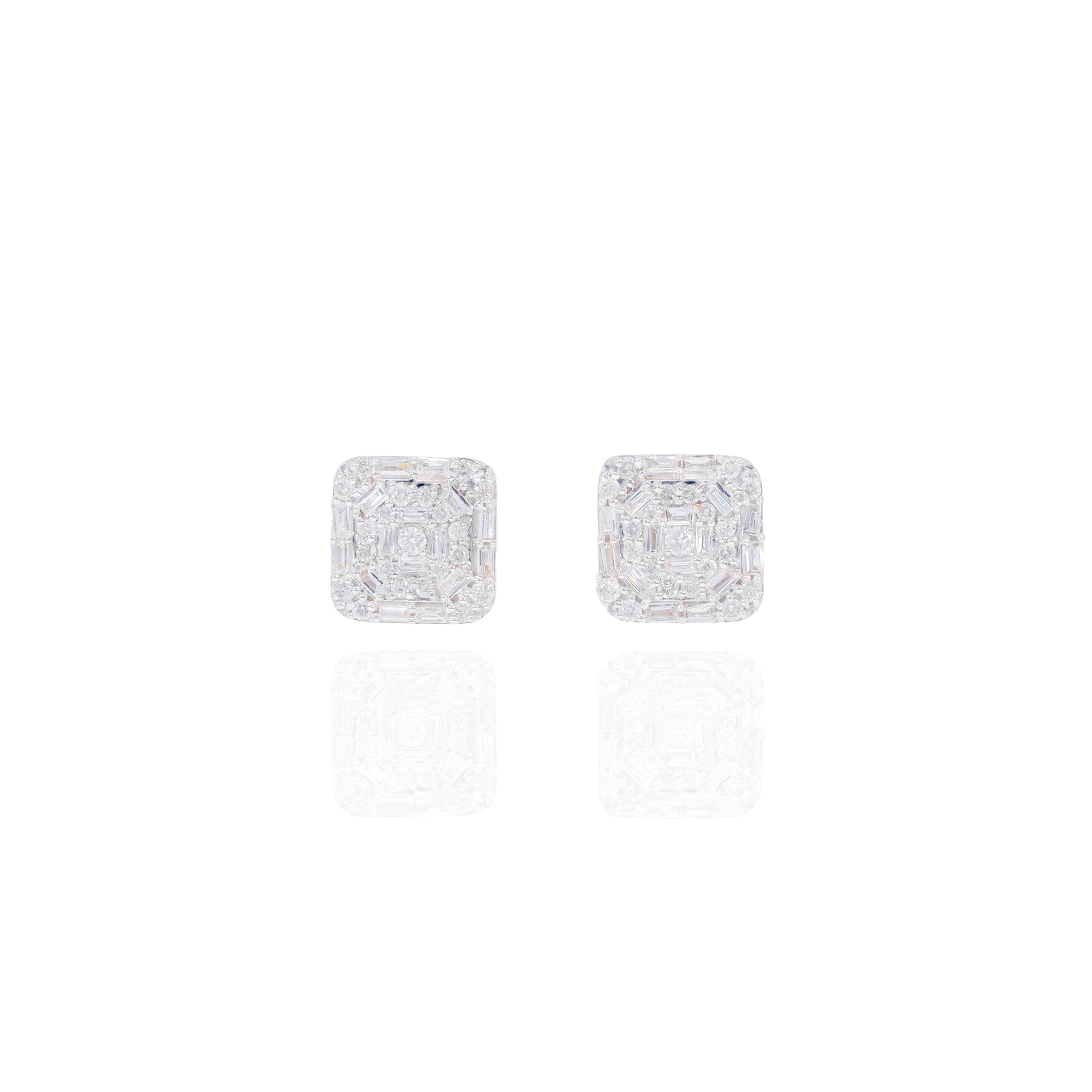 Square Web Pattern Baguette Diamond Earrings