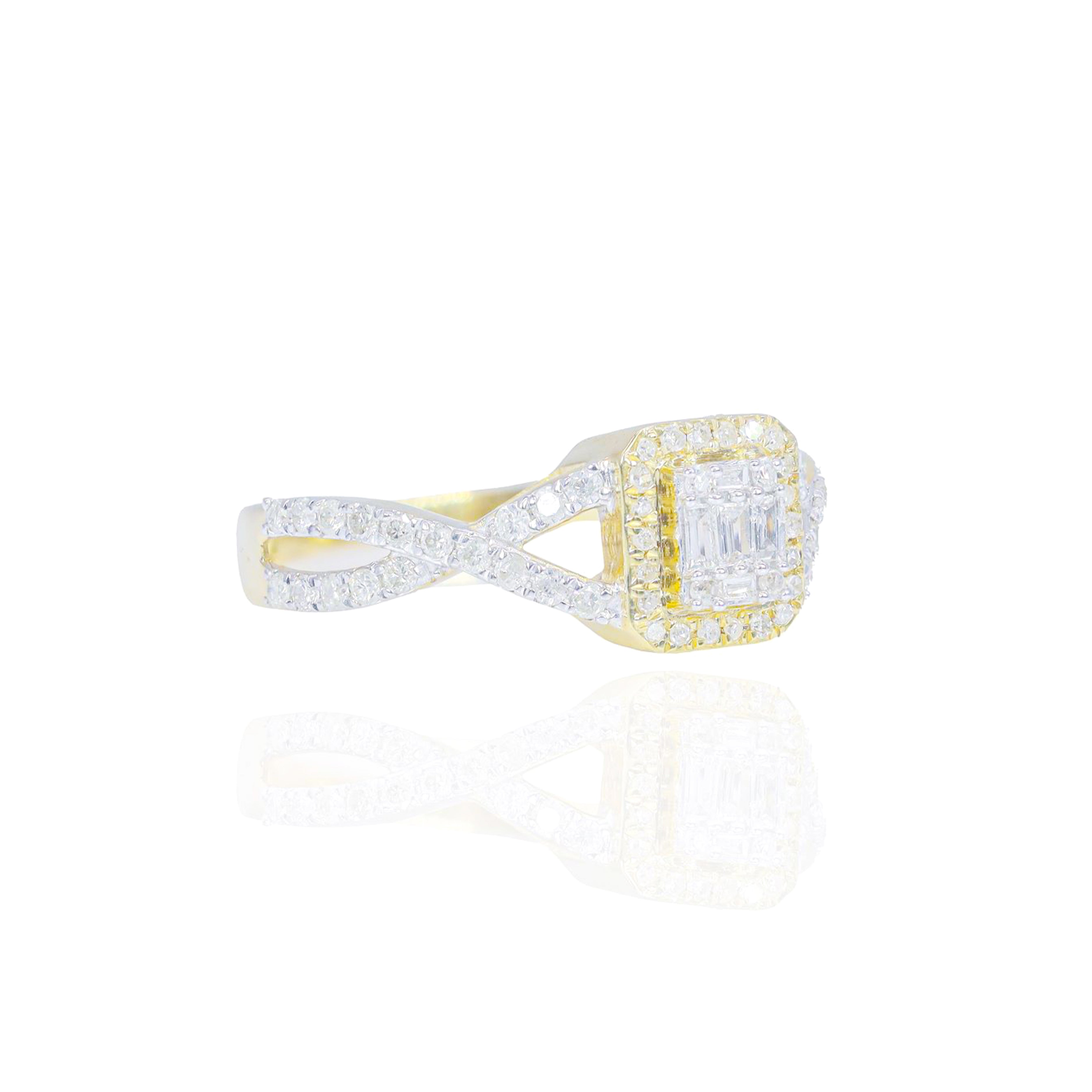 Baguette and Round Emerald Shape with Woven Band Diamond Engagement Ring