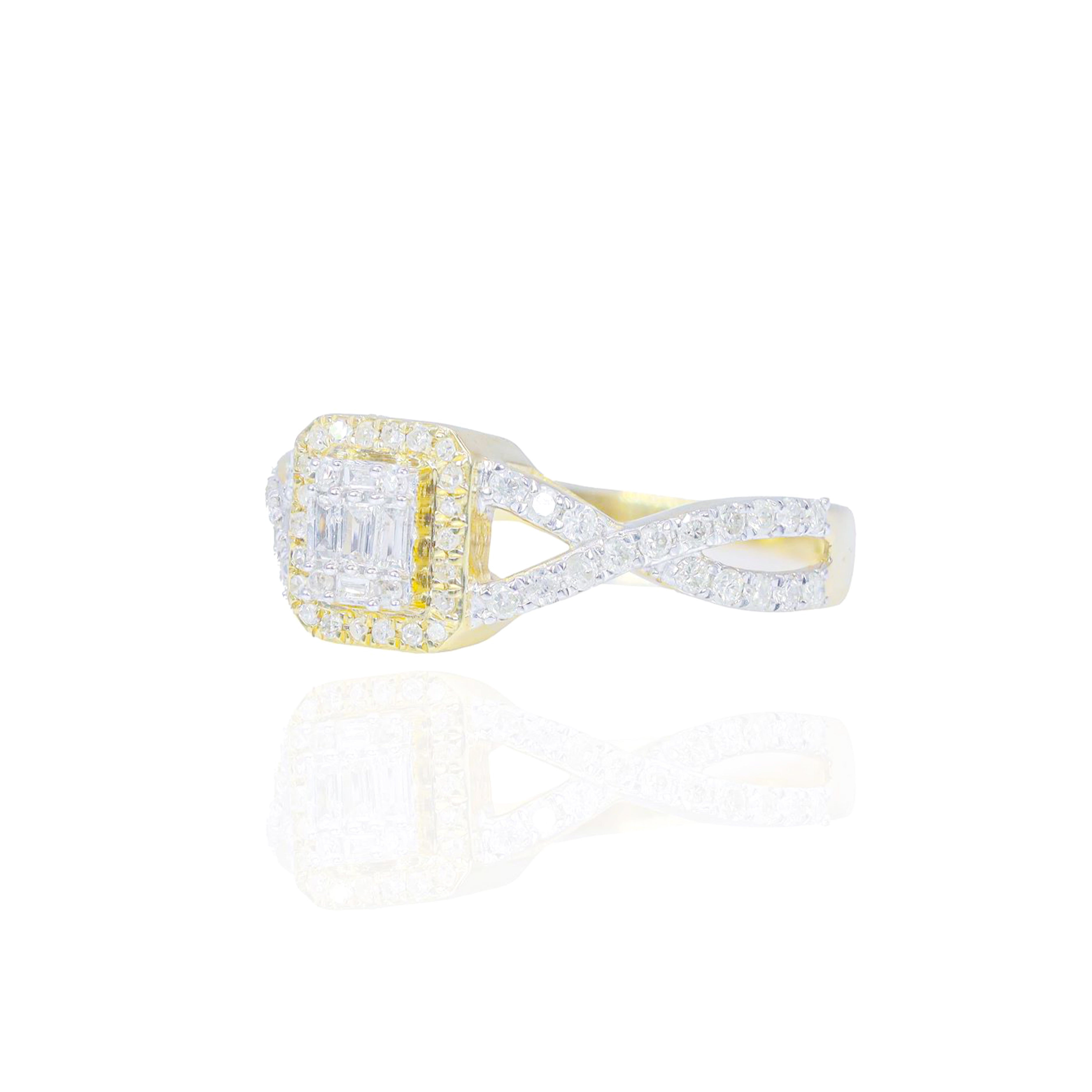 Baguette and Round Emerald Shape with Woven Band Diamond Engagement Ring