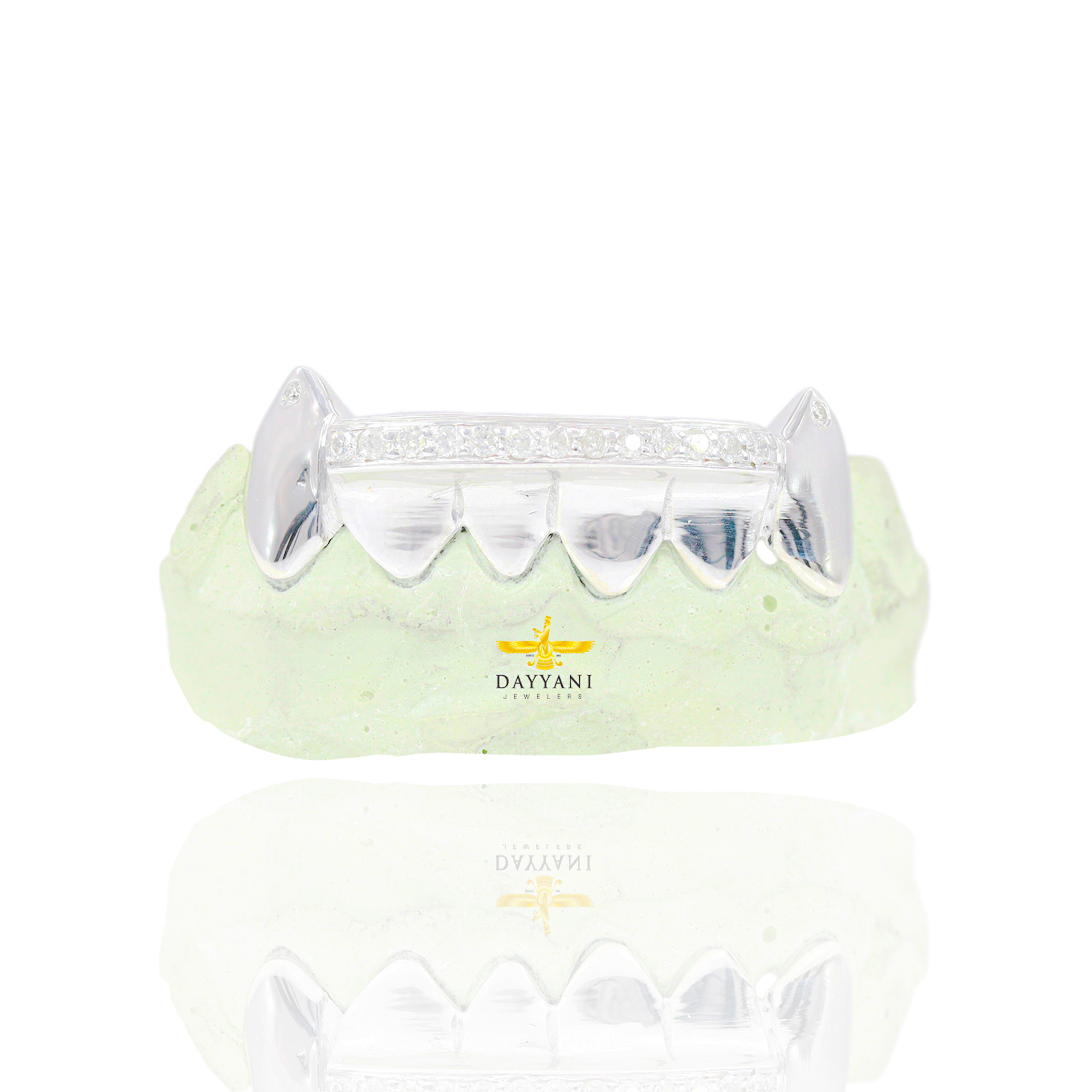 Custom 6 Teeth One Row Diamond Bar with Diamond Tip Extended Fangs Gold Grillz