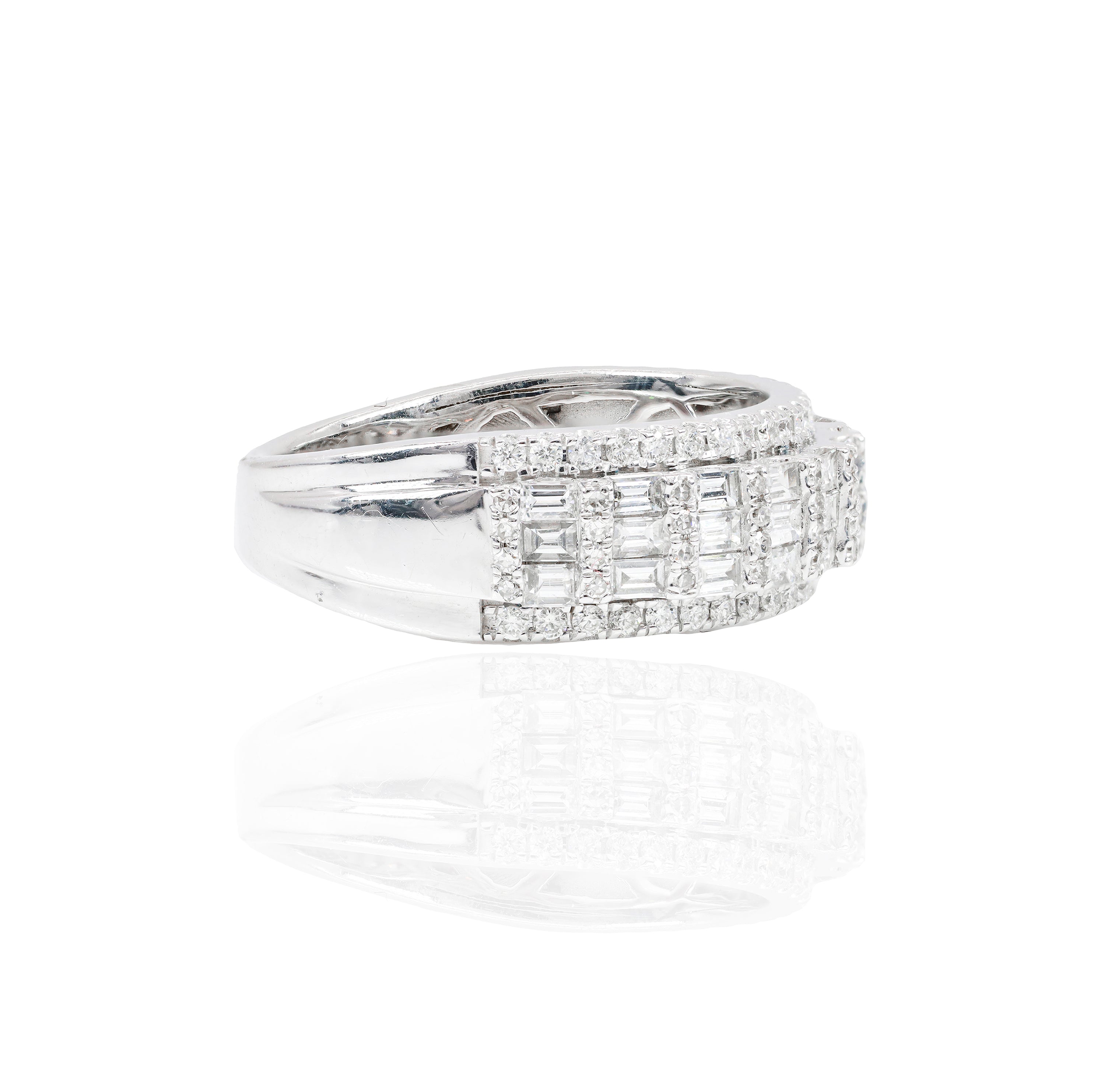 3 Row Baguette Diamond Band with Round Diamond Border