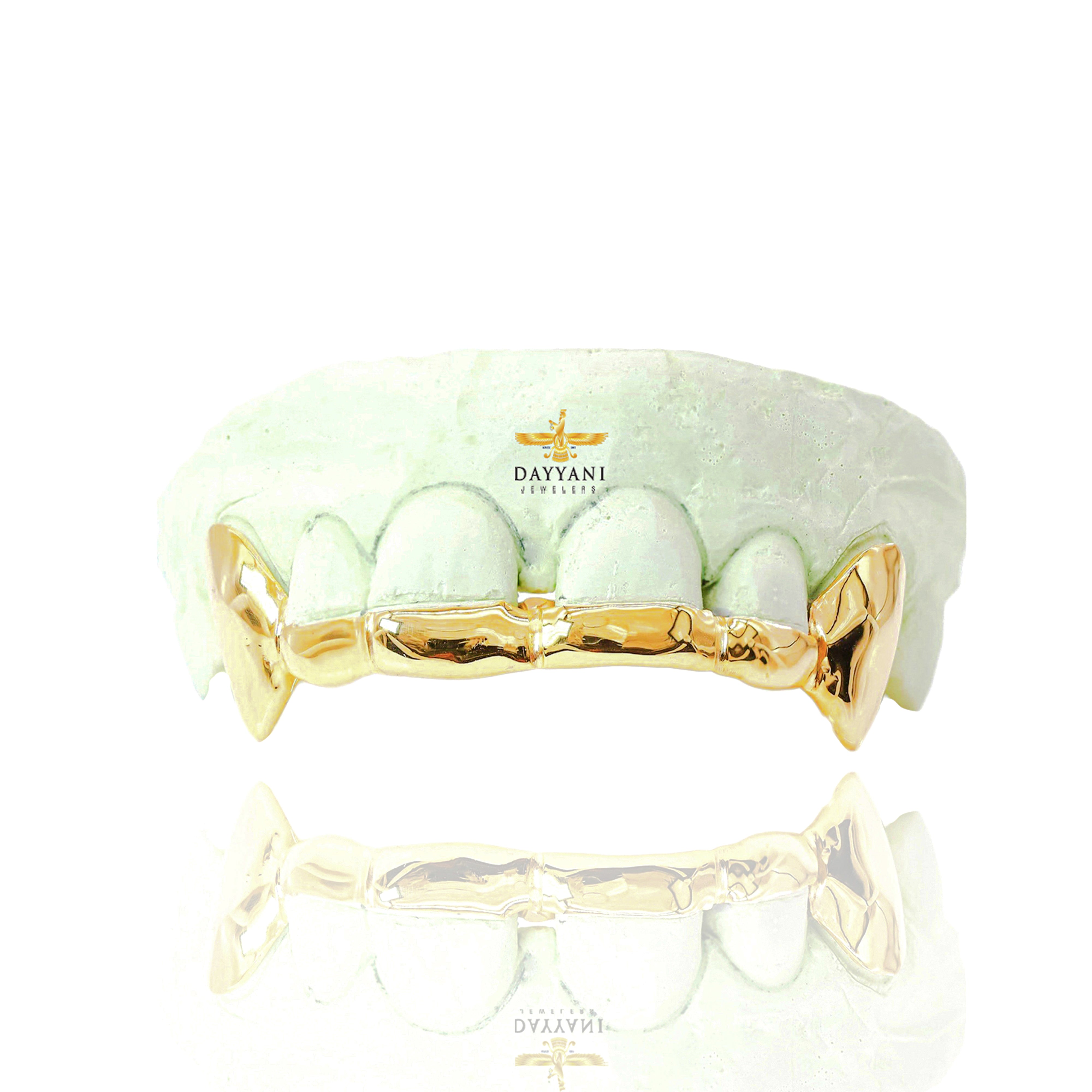 Custom 2 Teeth with Front Bar with Extended Fangs Gold Grillz