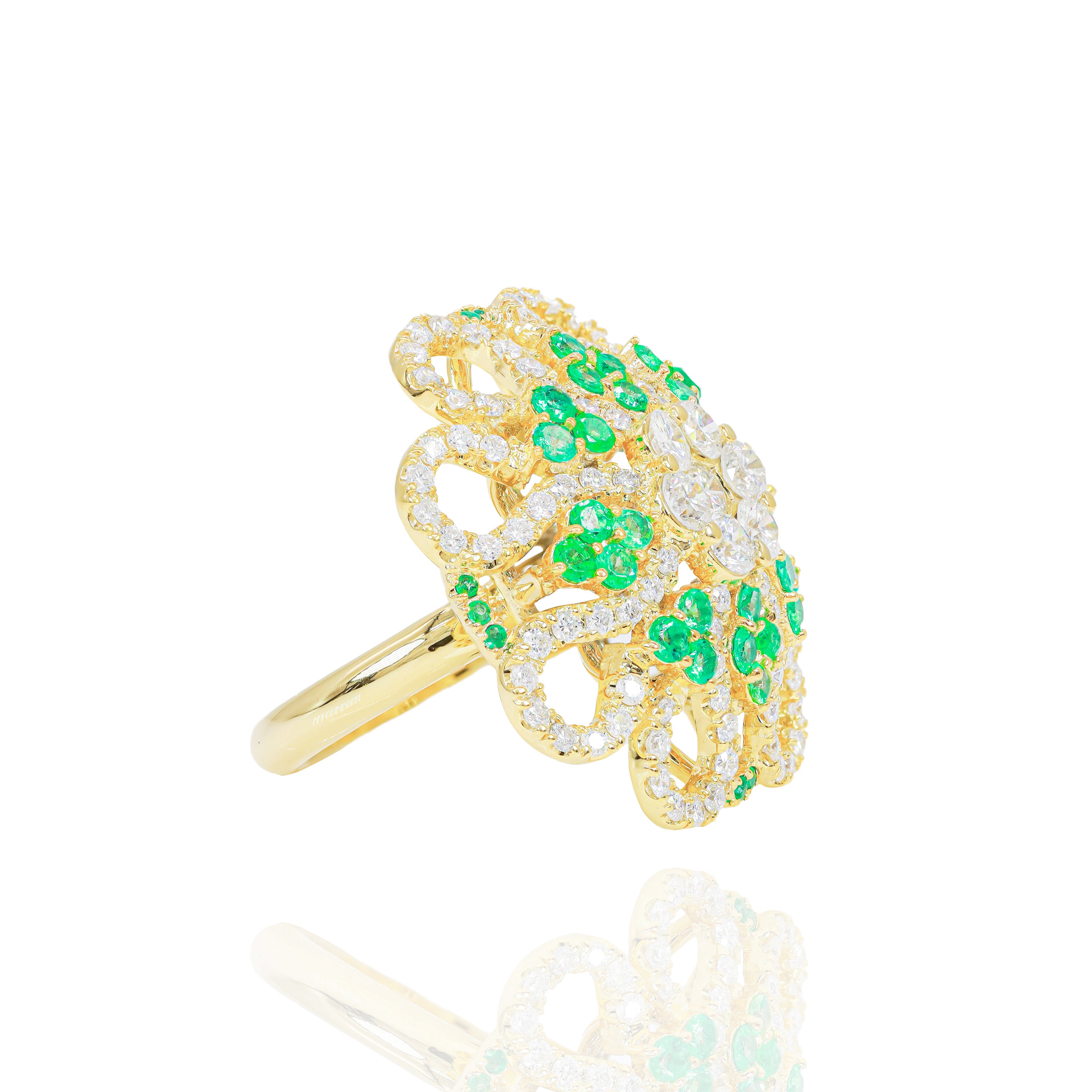 Green Emerald & Diamond Cluster Flower Ring