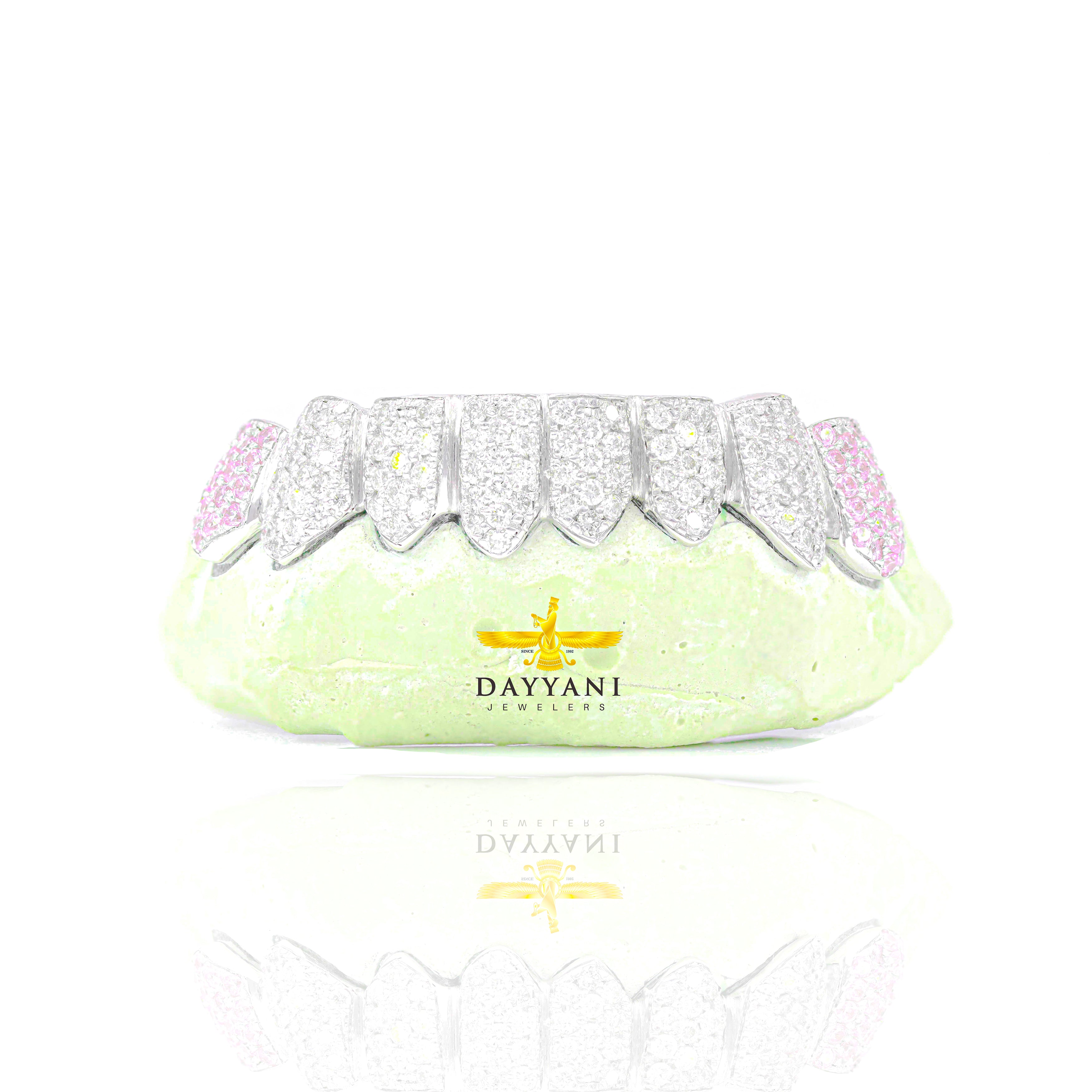 Custom 8 Top AND/OR Bottom Natural White Diamond and Colored Stone Fangs Gold Grillz (Zig-Zag Setting)