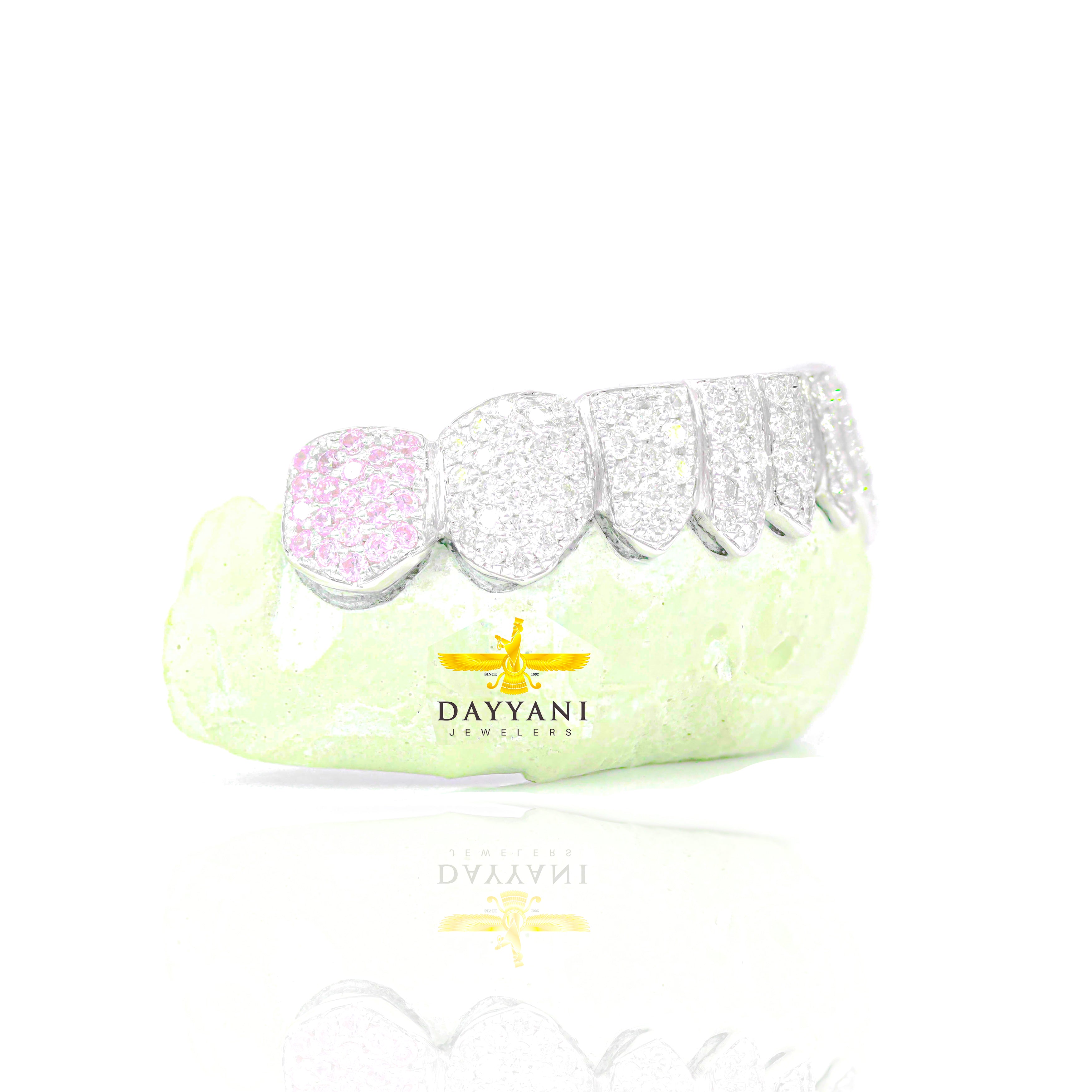 Custom 8 Top AND/OR Bottom Natural White Diamond and Colored Stone Fangs Gold Grillz (Zig-Zag Setting)