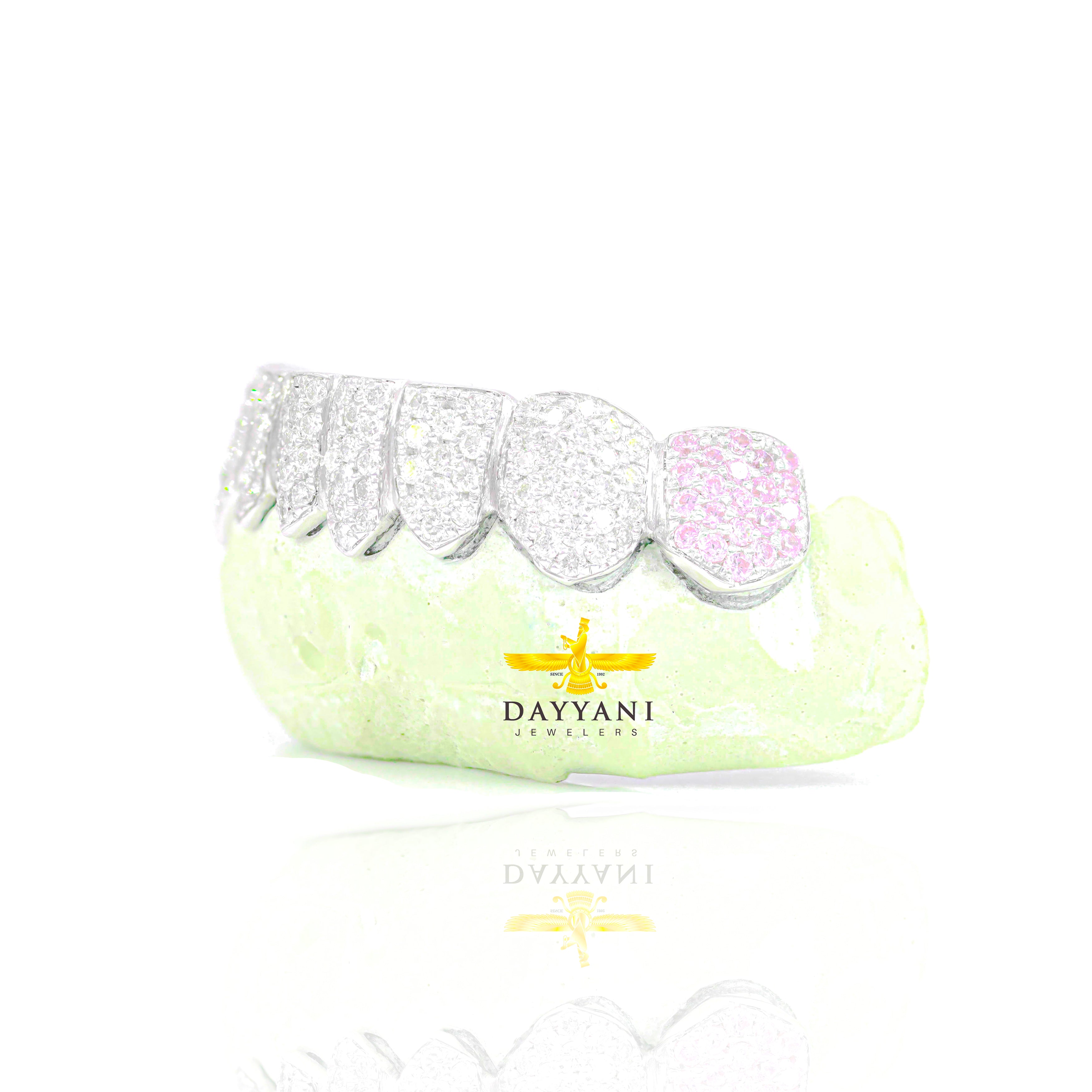 Custom 8 Top AND/OR Bottom Natural White Diamond and Colored Stone Fangs Gold Grillz (Zig-Zag Setting)