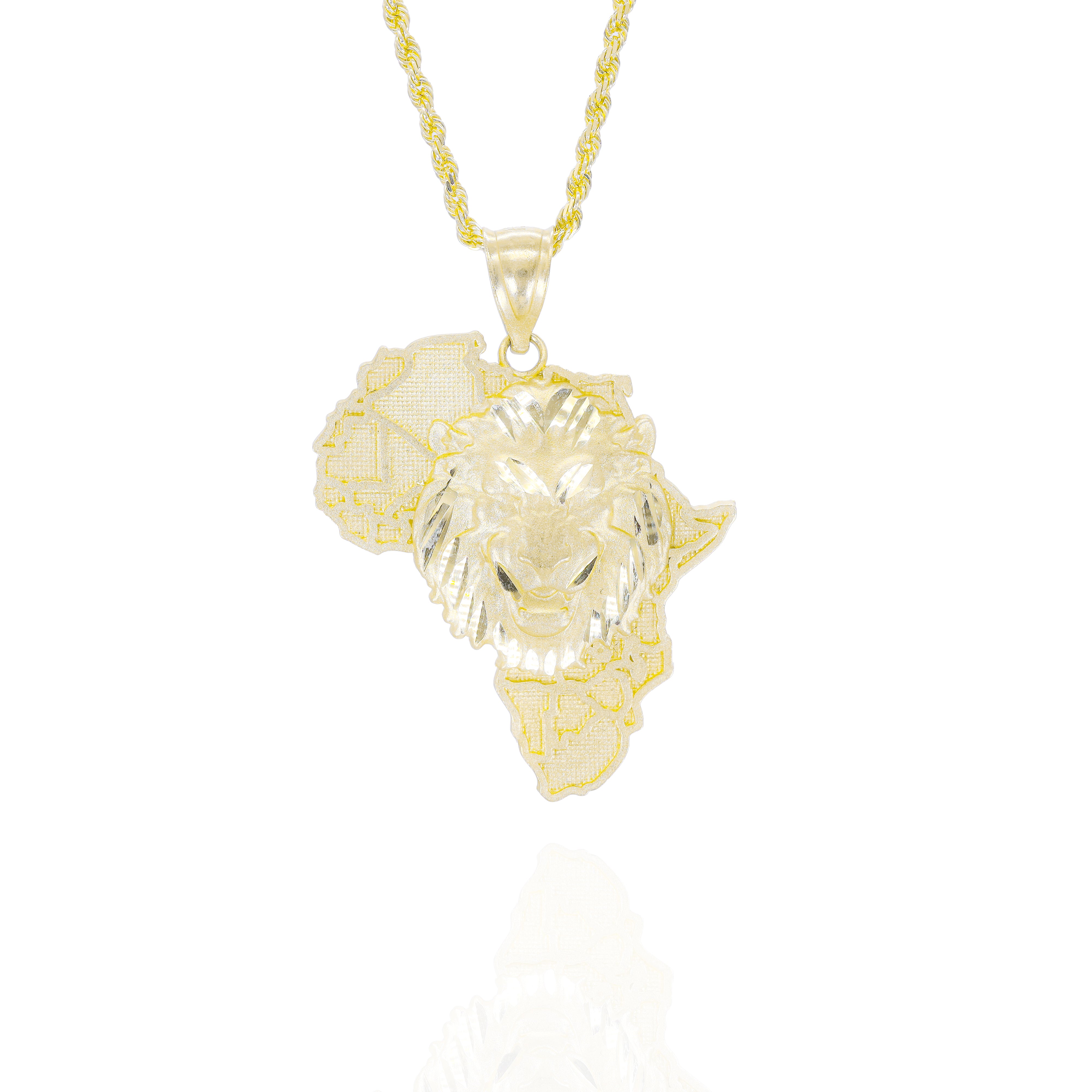 Gold lion pendant necklace on an outline of the Africa continent